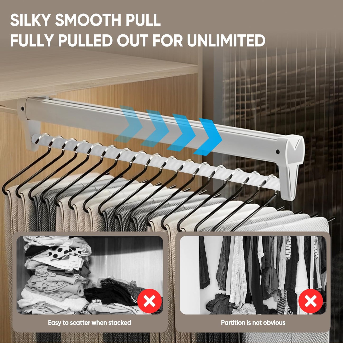 Pull Out Clothes Rail,Wardrobe Pull Out Clothes Rail (26-61CM) Steel Adjustable Clothe Rails For Trousers Clothing Storage, Space Saving (61CM)