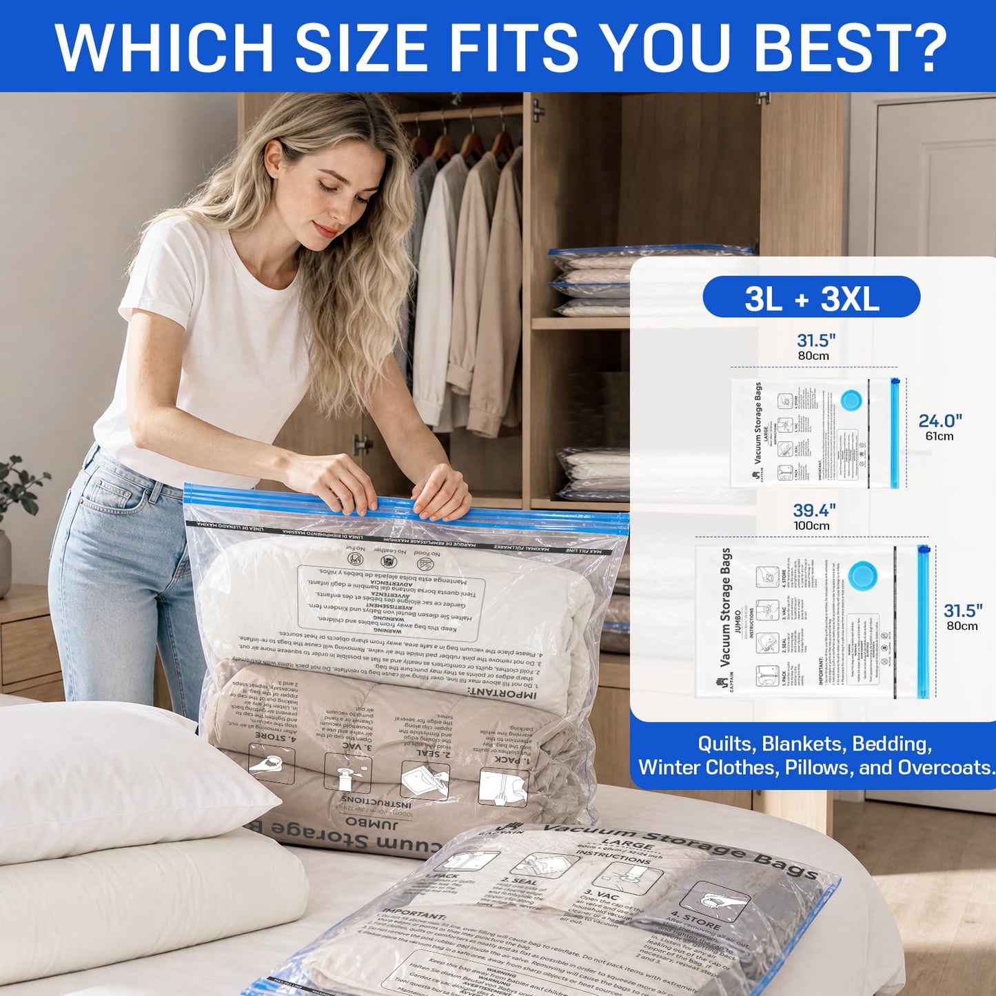 CaptainFive Vacuum Storage Bags 6 Combo (3 Jumbo + 3 Large), Space Saver Sealer Vacuum Bags for Clothes, Pillows, Duvets, Bedding