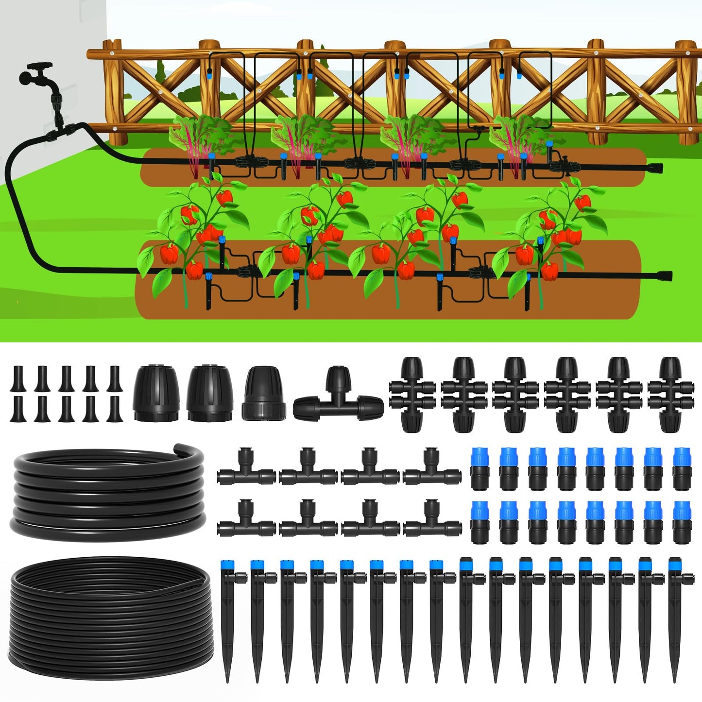 MIXC 230FT Quick-Connect Drip Irrigation System Kit, Automatic Garden Watering System with 1/4" & 1/2" Fast-Lock Tubing - Adjustable Nozzles &