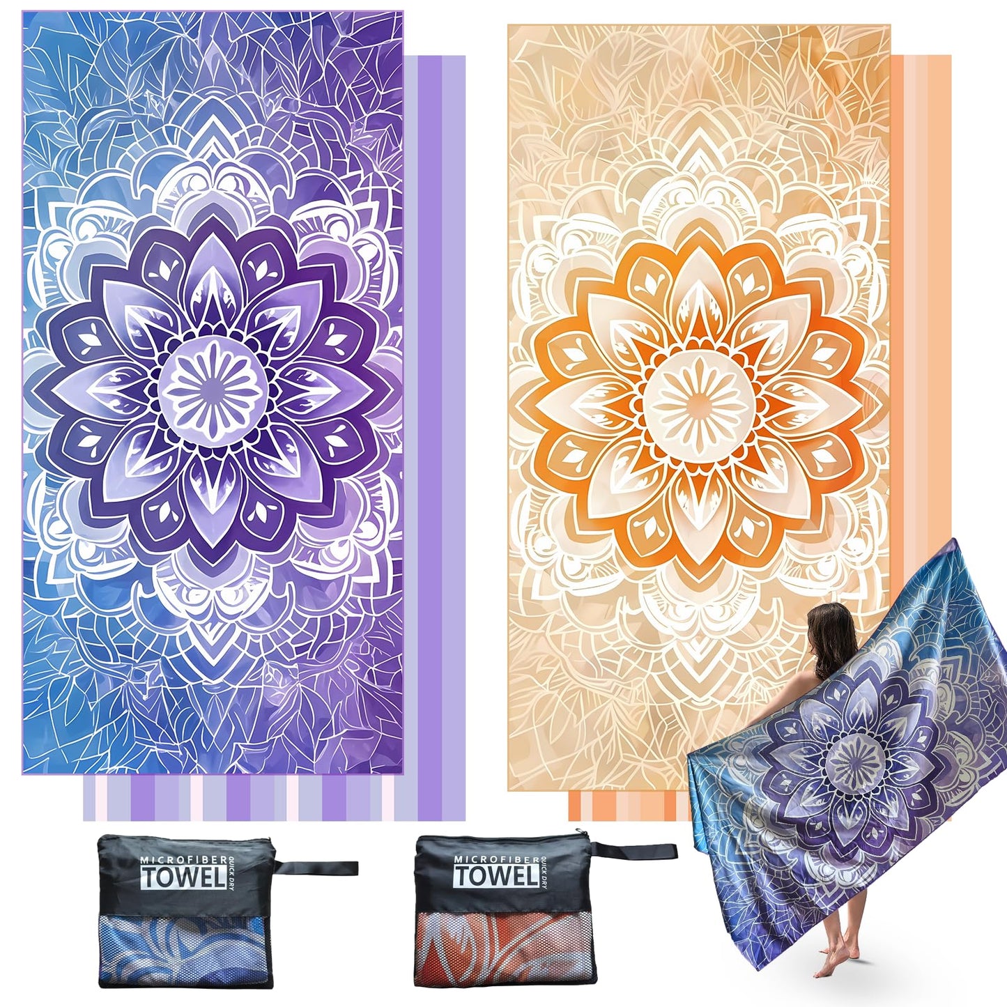 Anavasi 2 Pack Microfibre Beach Towels for Adults, 180 x 90 cm with Net Bag