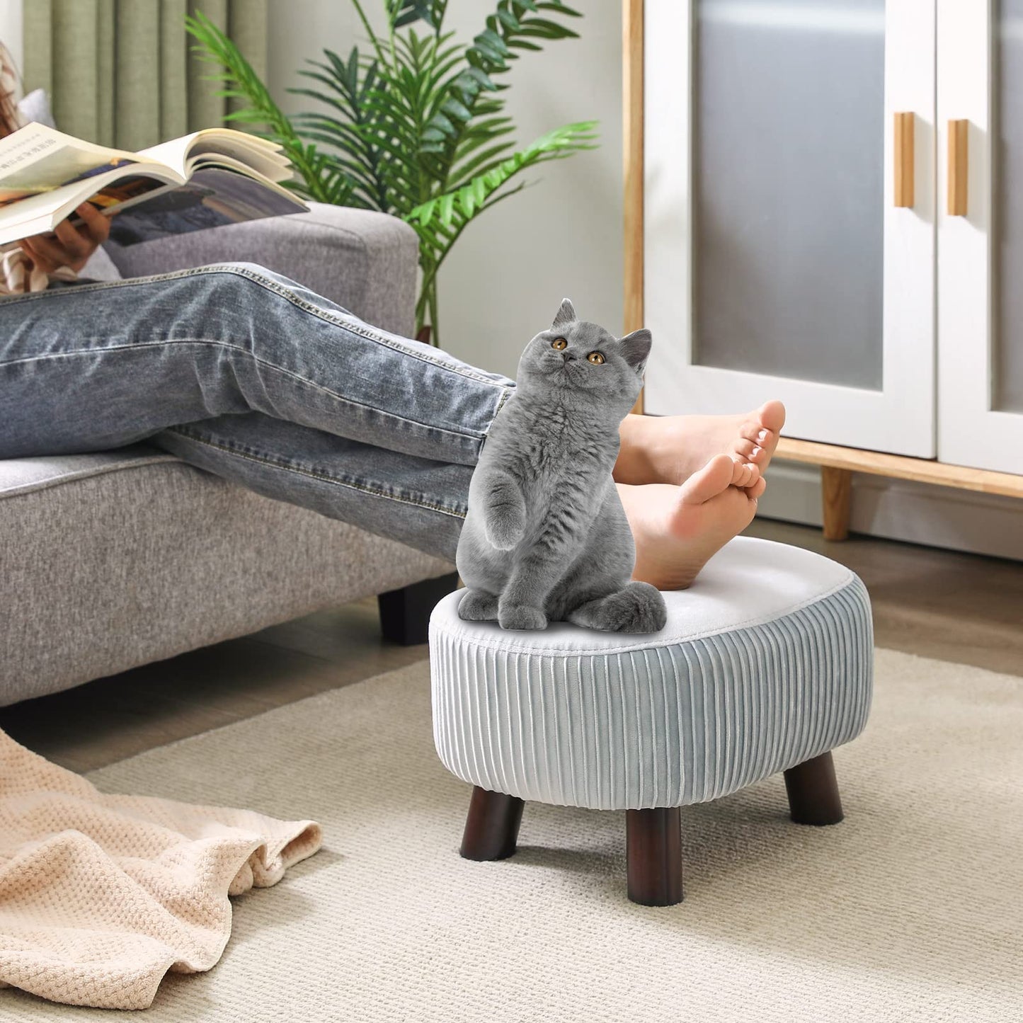 YMYNY Footstool, Wooden Pouf Ottoman, Small Curved Footstool with Handle, Sofa Stool with Soft Seat Cushion, for Bedroom, Living Room