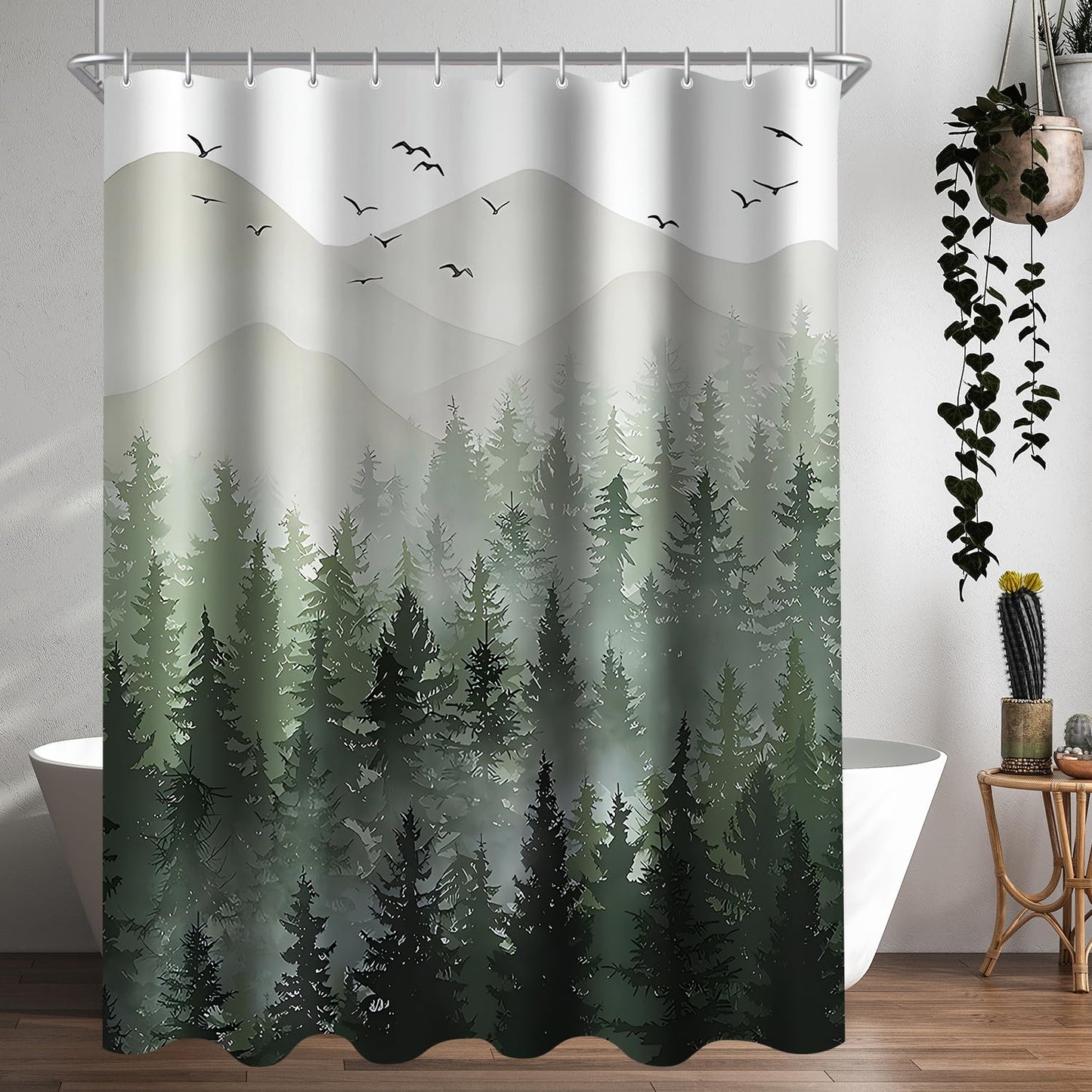 Lerores Shower Curtain, 200 x 200 cm, Forest Anti-Mould Textile, Weighted Hem, Water-Repellent, Washable Polyester Fabric Bath Curtains with 12