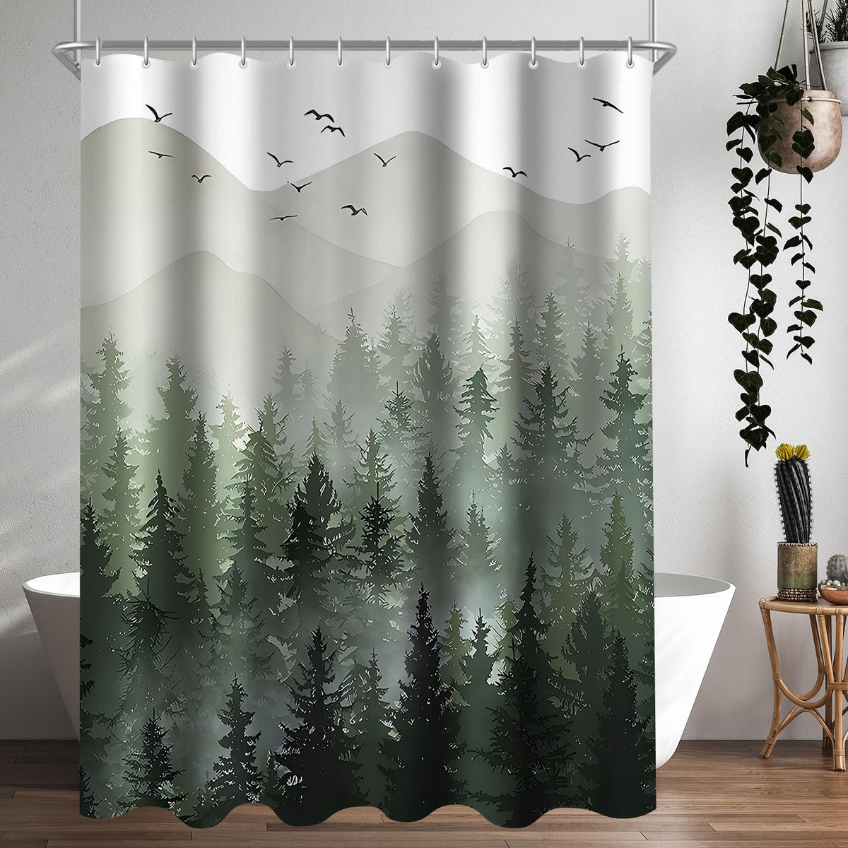 Lerores Shower Curtain 140 x 200 cm, Forest Anti-Mould Textile, Weighted Hem, Water-Repellent