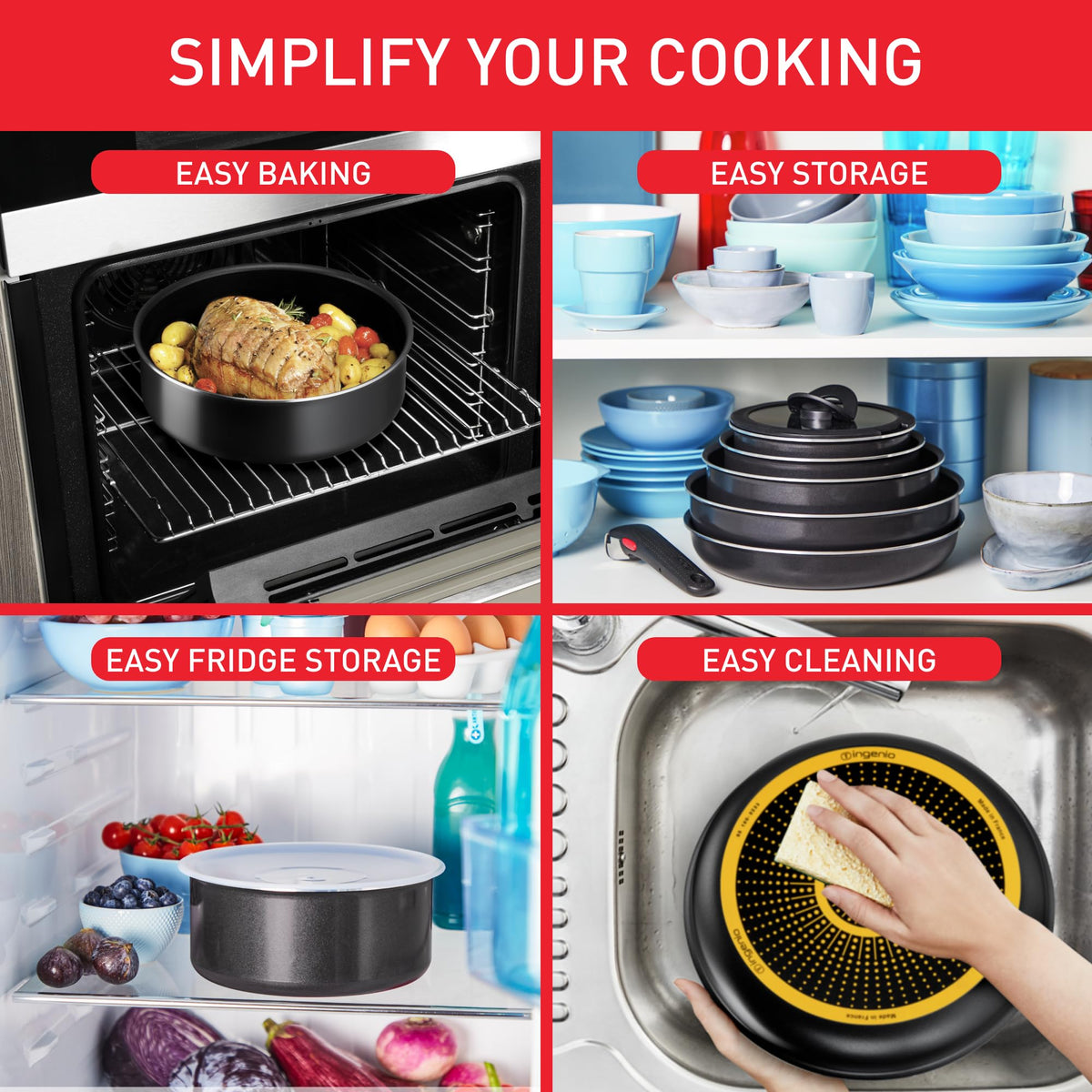 Tefal Ingenio Easy ON 3 Piece Non-Stick Pan Set, 24&28 cm Frying Pans, Bakelite Handle, Easy Cleaning, Heat Indicator, Non-Induction Black, L1599302