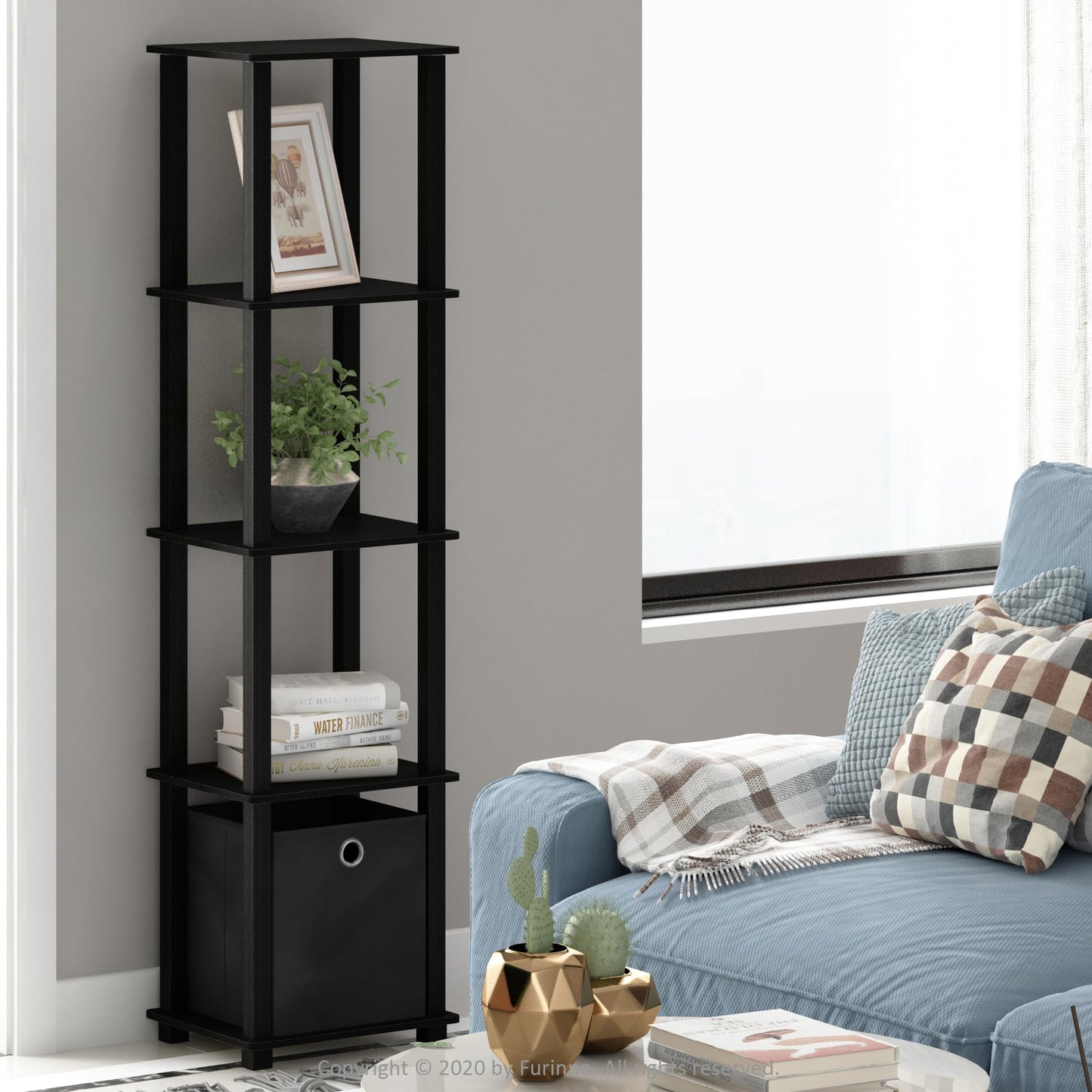 Furinno TURN-N-TUBE Book Shelf, 5-Tier Square Open Frame Display Shelf, Corner Storage Shelves with Storage Bin, Shelving Unit