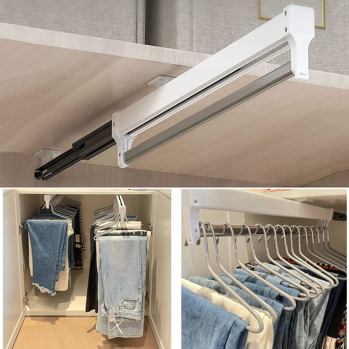 Pull Out Clothes Rail, Adjustable Pull Out Hanger Rail Rod for Wardrobe Trousers Clothing Storage, Space Saving, Load 25kg (White 447mm)