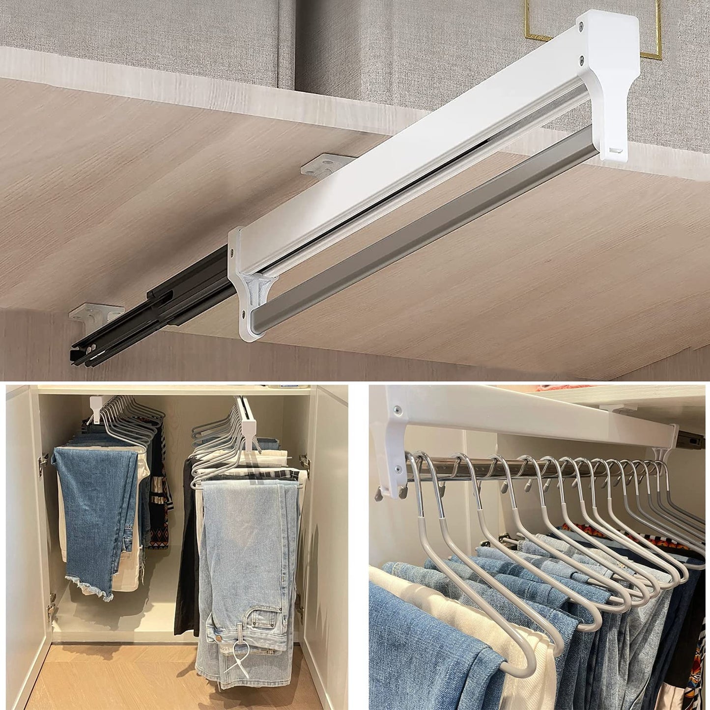 MAFAGE Pull Out Clothes Rail, Adjustable Pull Out Hanger Rail Rod for Wardrobe Trousers Clothing Storage, Space Saving, Load 25kg (White 497mm)