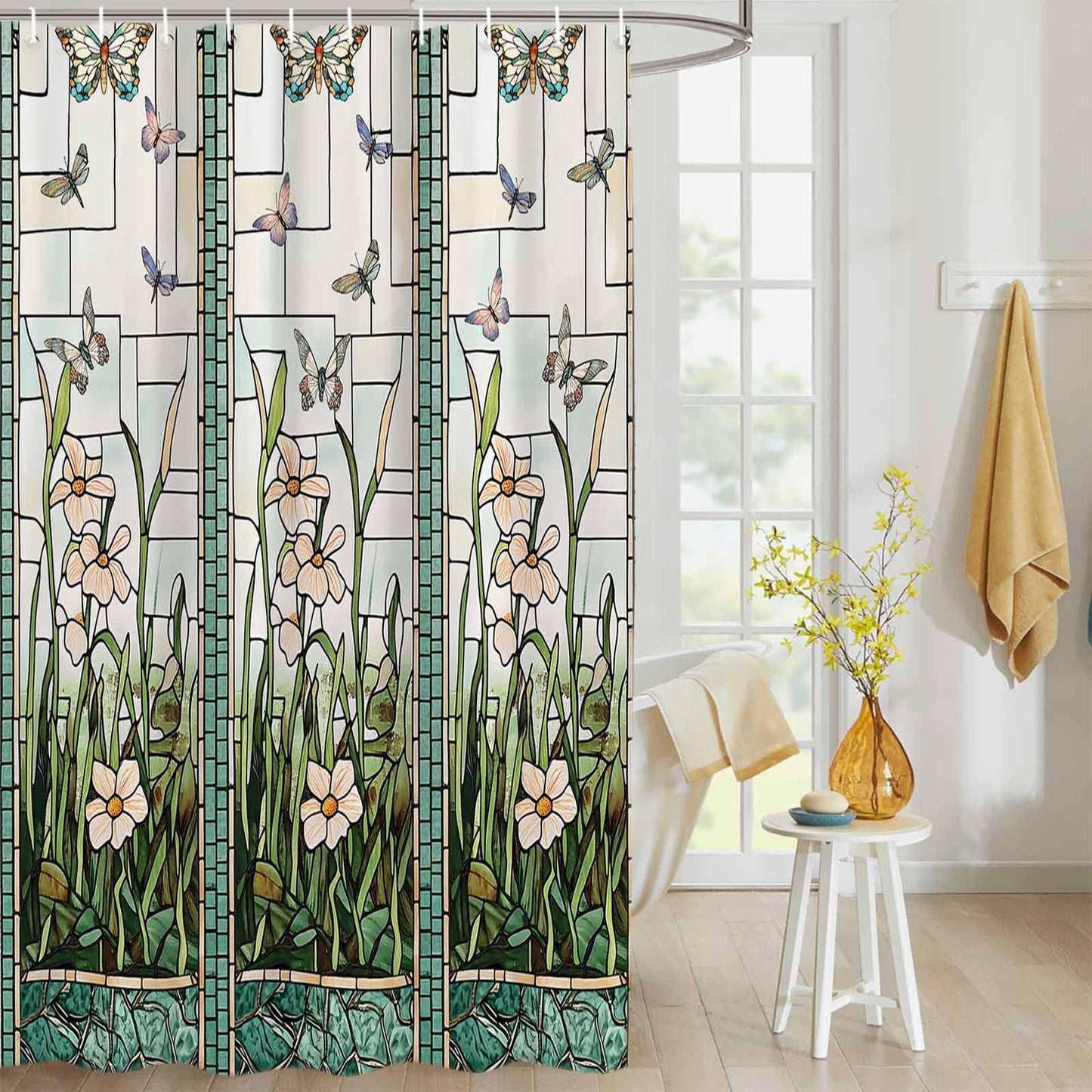 EZON-CH Waterproof Shower Curtain Stained Glass Meadow Flower Dragonfly Print Polyester Fabric Bath Curtain Home Hotel Apartment Bathroom Shower
