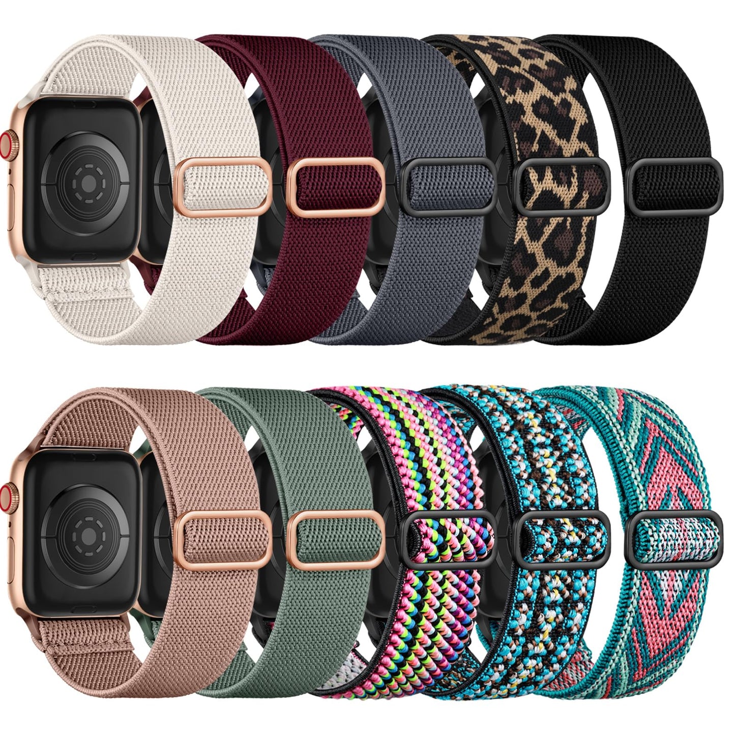Maledan 10 Pack Elastic Nylon Strap Compatible with Apple Watch Straps 40mm 41mm 38mm 42mm Women Men - Stretchy Nylon Sport Loop Band for iWatch
