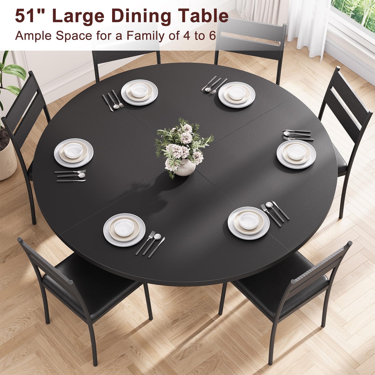 Jocoevol Round Dining Table for 4-6 People, Circle Dinner Table with Shelves, Space Saving Wood Kitchen & Dining Room Furniture (Black, 51 inch