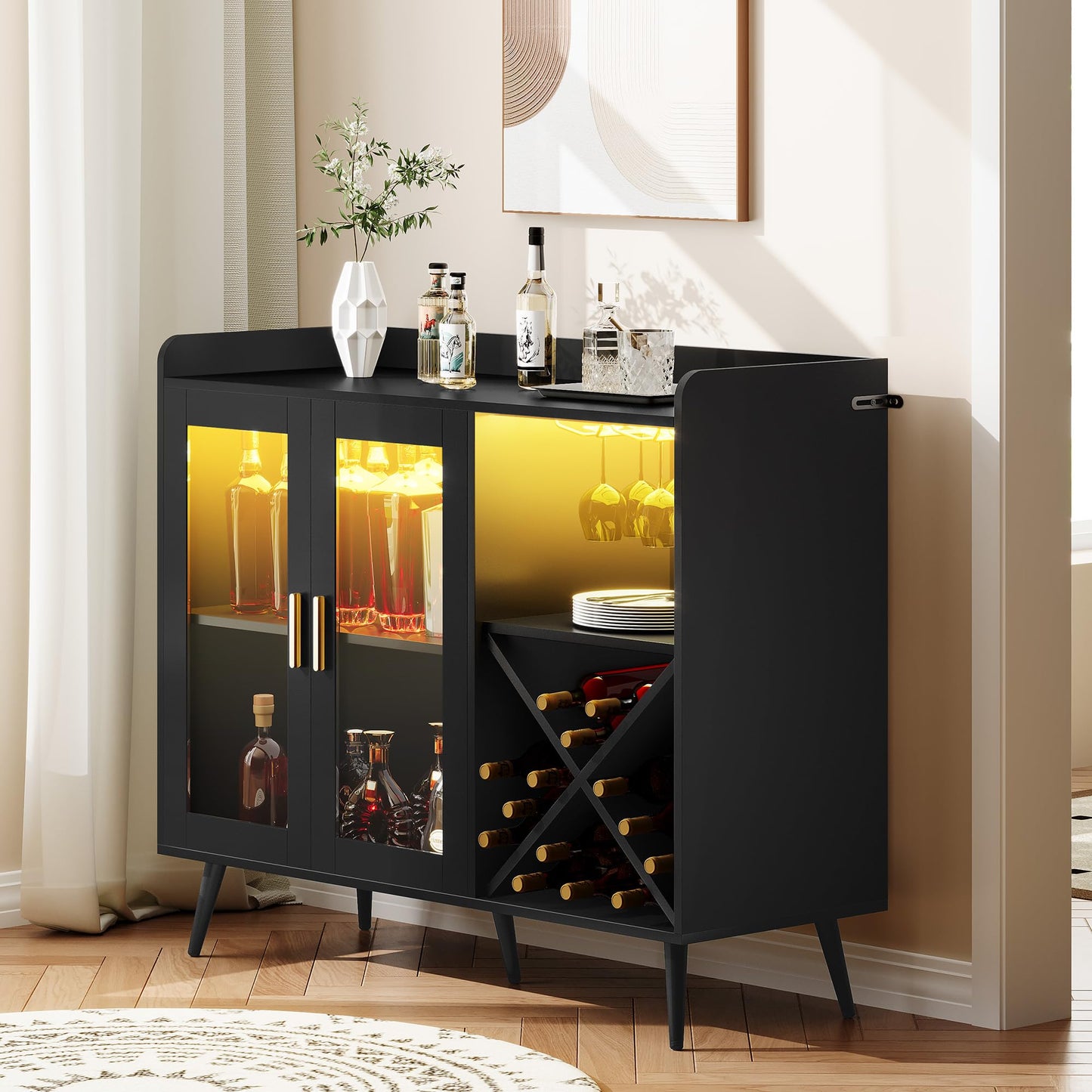 YITAHOME Bar Cabinet with Adjustable LED Lights, Coffee Bar with Wine Rack & Hooks & Acrylic Door Cabinet