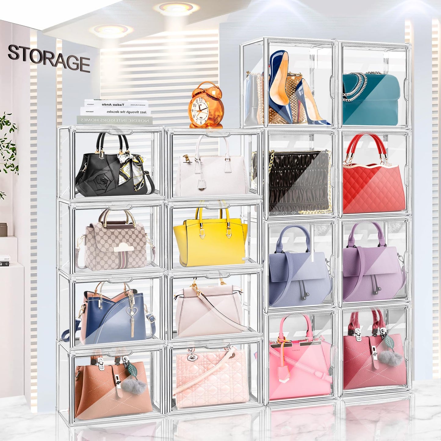 LINYAPRY 5 Packs Clear Plastic Handbag Storage Organizer for Closet, Acrylic Display Box for Handbag, Stackable Storage Boxes Bag Organizer with