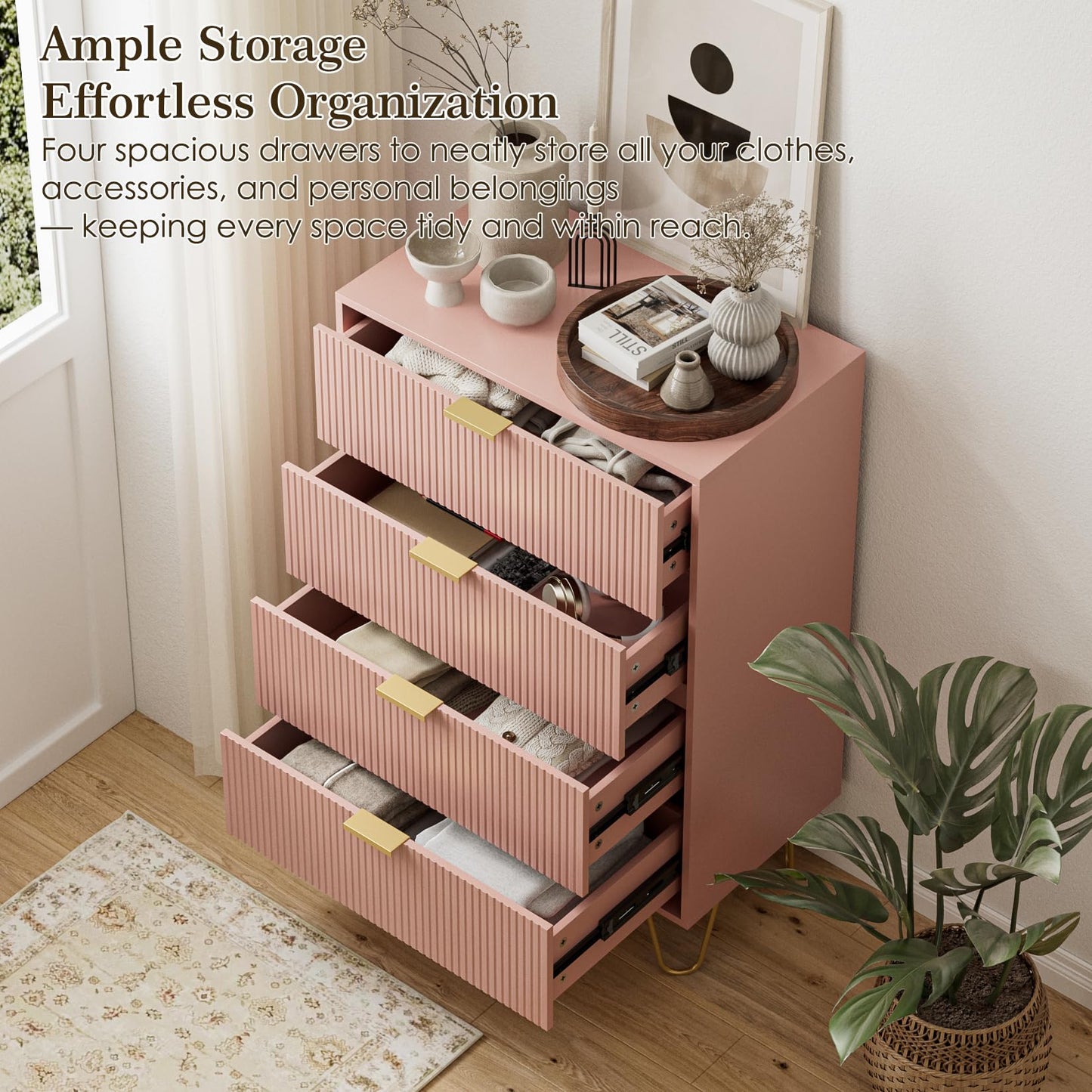 HEYZOEY Pink Chest of 4 Drawers for Bedroom, 60x34x91cm, Wood Storage Dresser Bedroom Furniture Cabinet for Living Room,Office,Lounge,Pink