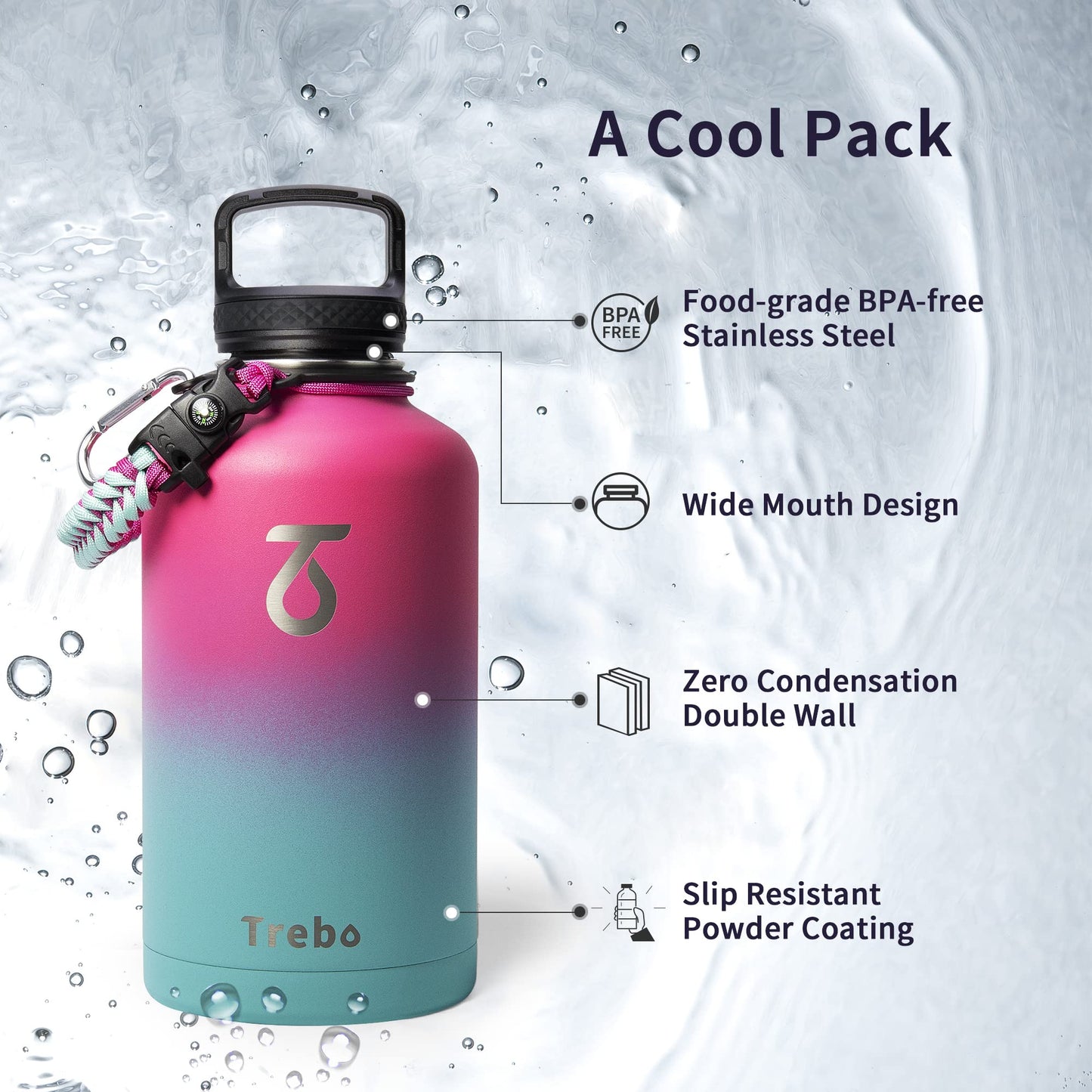 Trebo Stainless Steel Water Bottle 2L, Wide Mouth Insulated Water Bottle Double with Paracord Handle Sports Bottle Keep Cold 48 Hours Water Bottle