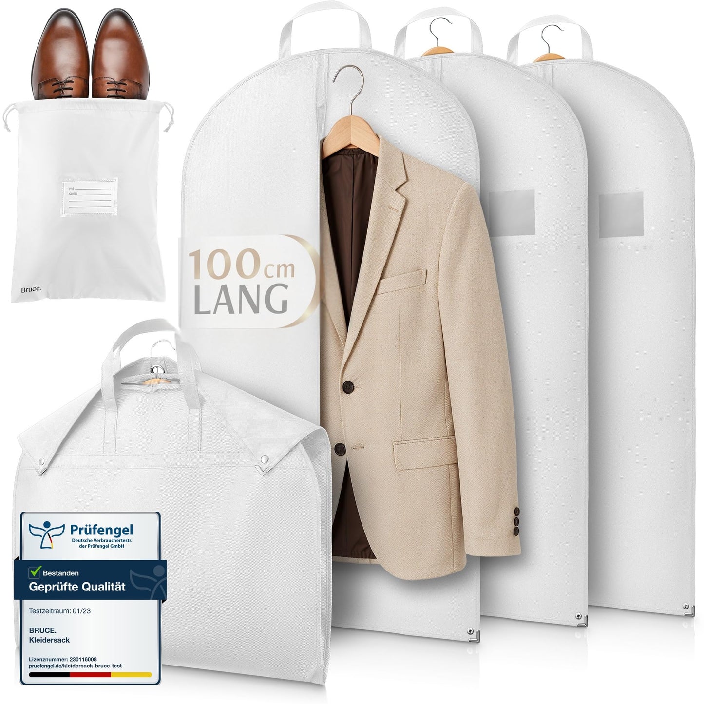 Bruce.® 3x Garment Bags 100x60 cm + Shoe Bag – Silk White