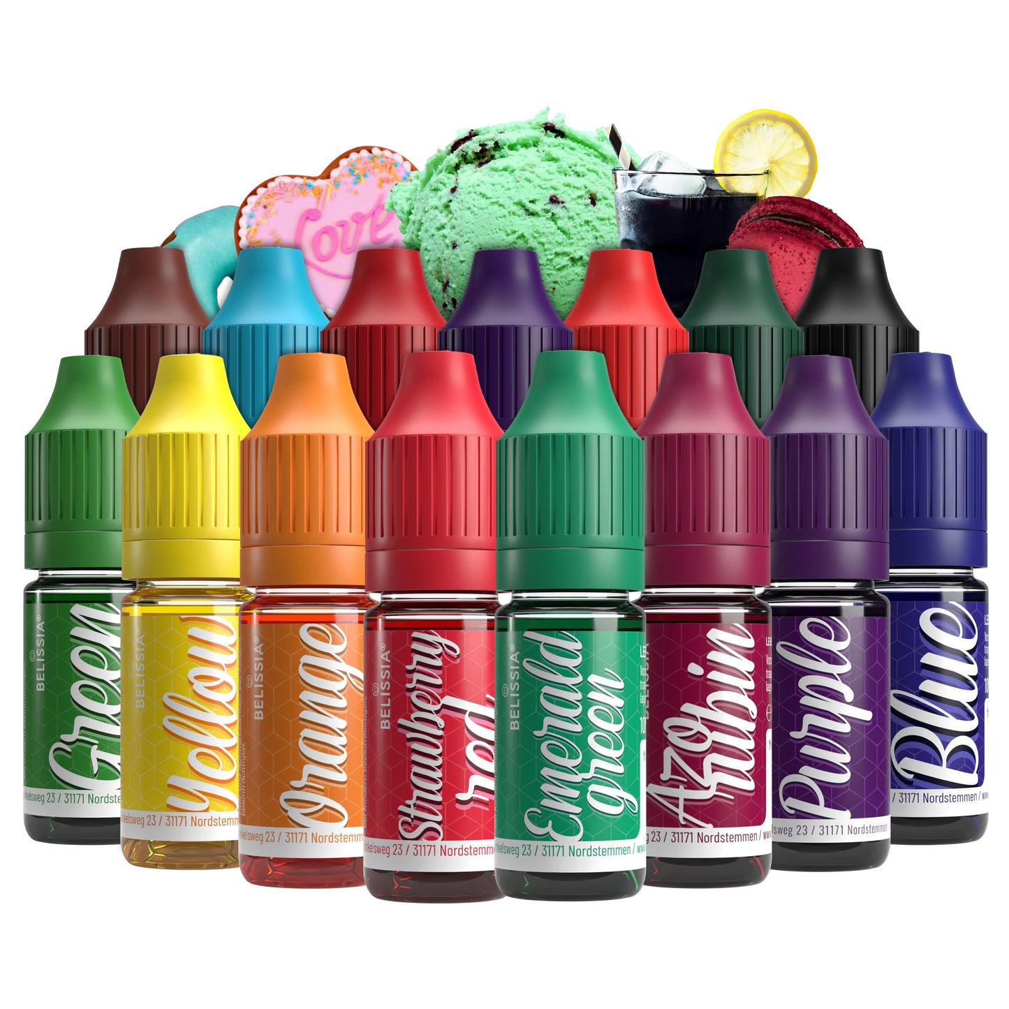 Belissia food colouring set - 15x10ml liquid & highly concentrated - food-safe food colouring for baking, cooking, fondant & DIY - vegan, strong