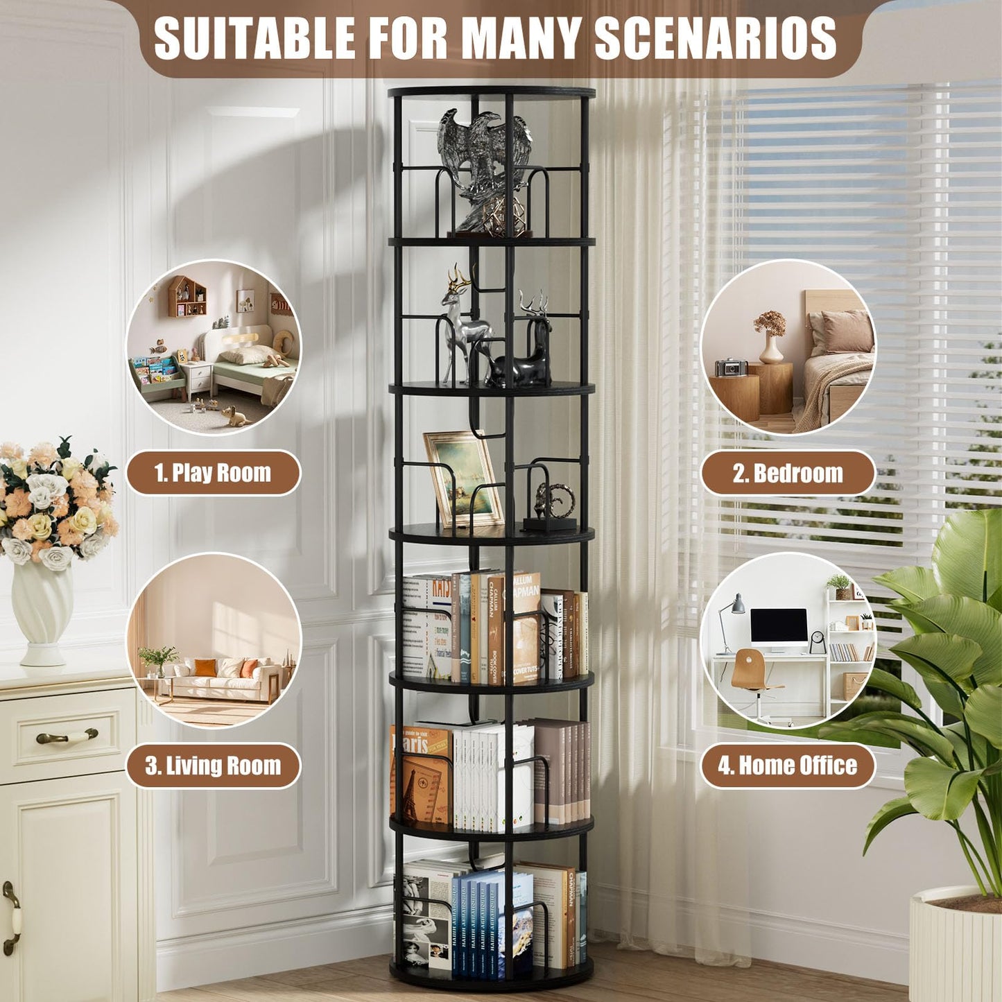 OCTORO 6 Tier Rotating Bookshelf, 360° Corner Bookshelf Tower, Round Revolving Bookcase with Adjustable Levels, Spinning Book Shelf for Home Office
