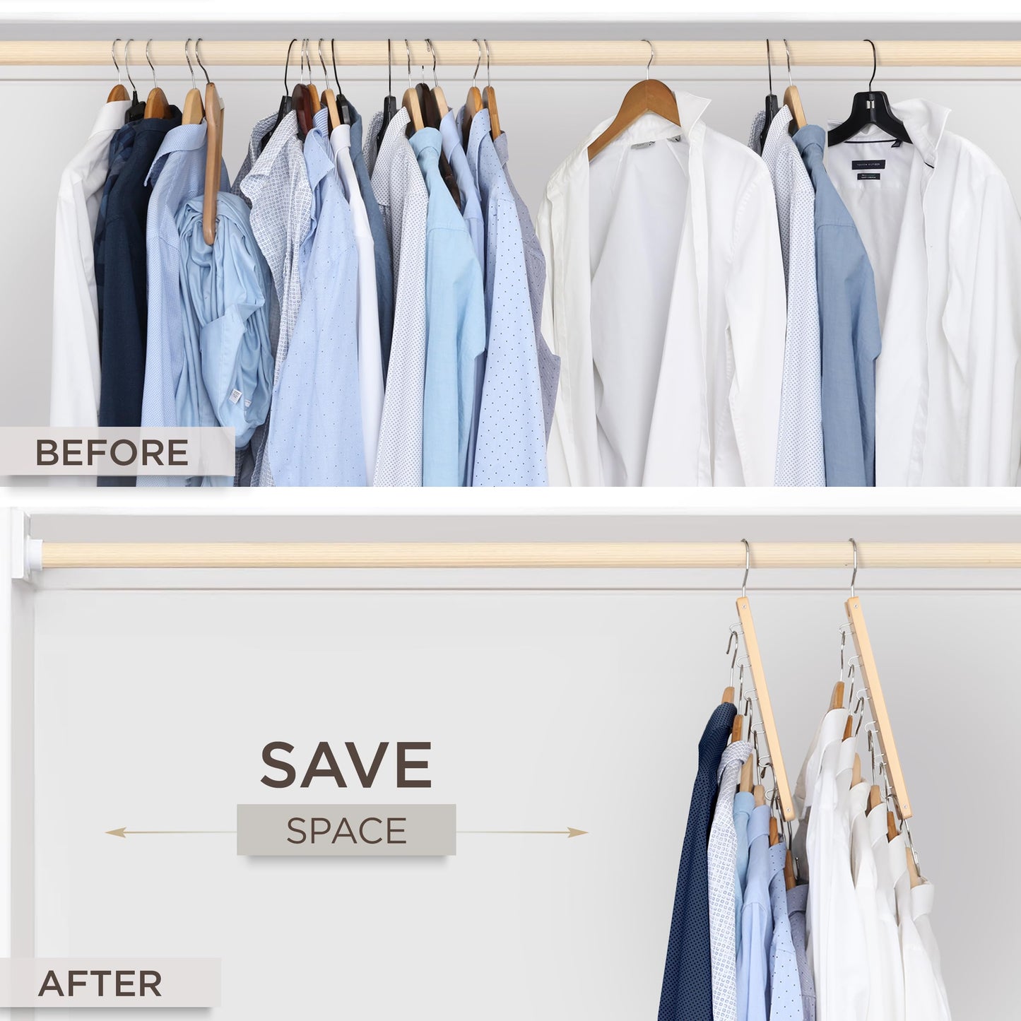 MORALVE Space Saving Hangers for Wardrobe – 4 Pack European Beechwood 6-Tier Shirt Organiser with 360° Swivel Hook