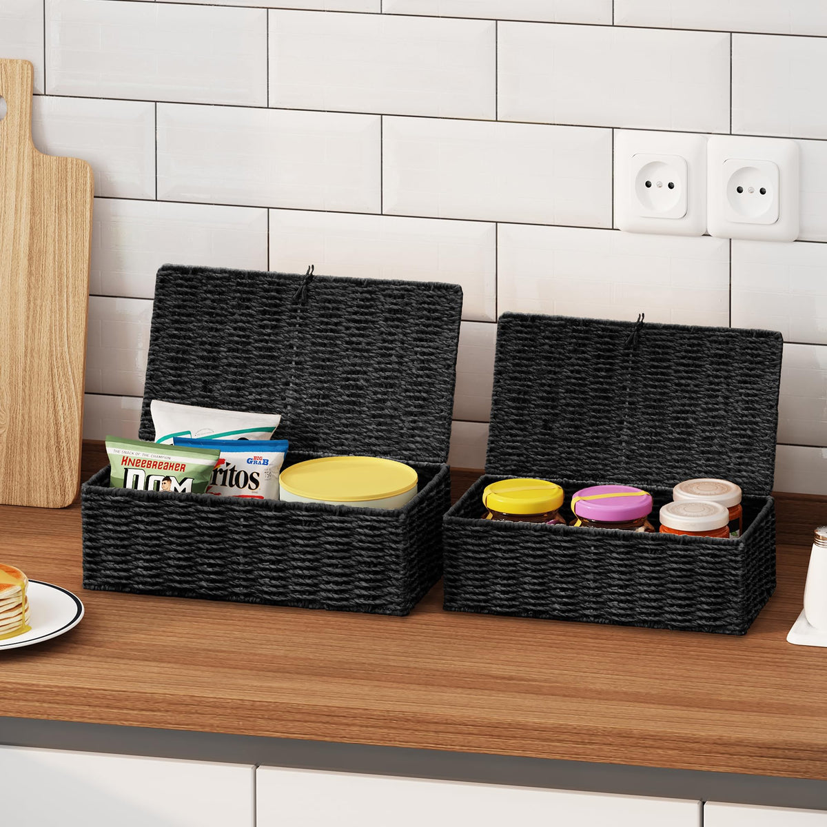 Vagusicc Storage Boxes with Lids, Handwoven Set of 2 Wicker Storage Baskets for Organizing, Nesting Storage Basket for Shelves