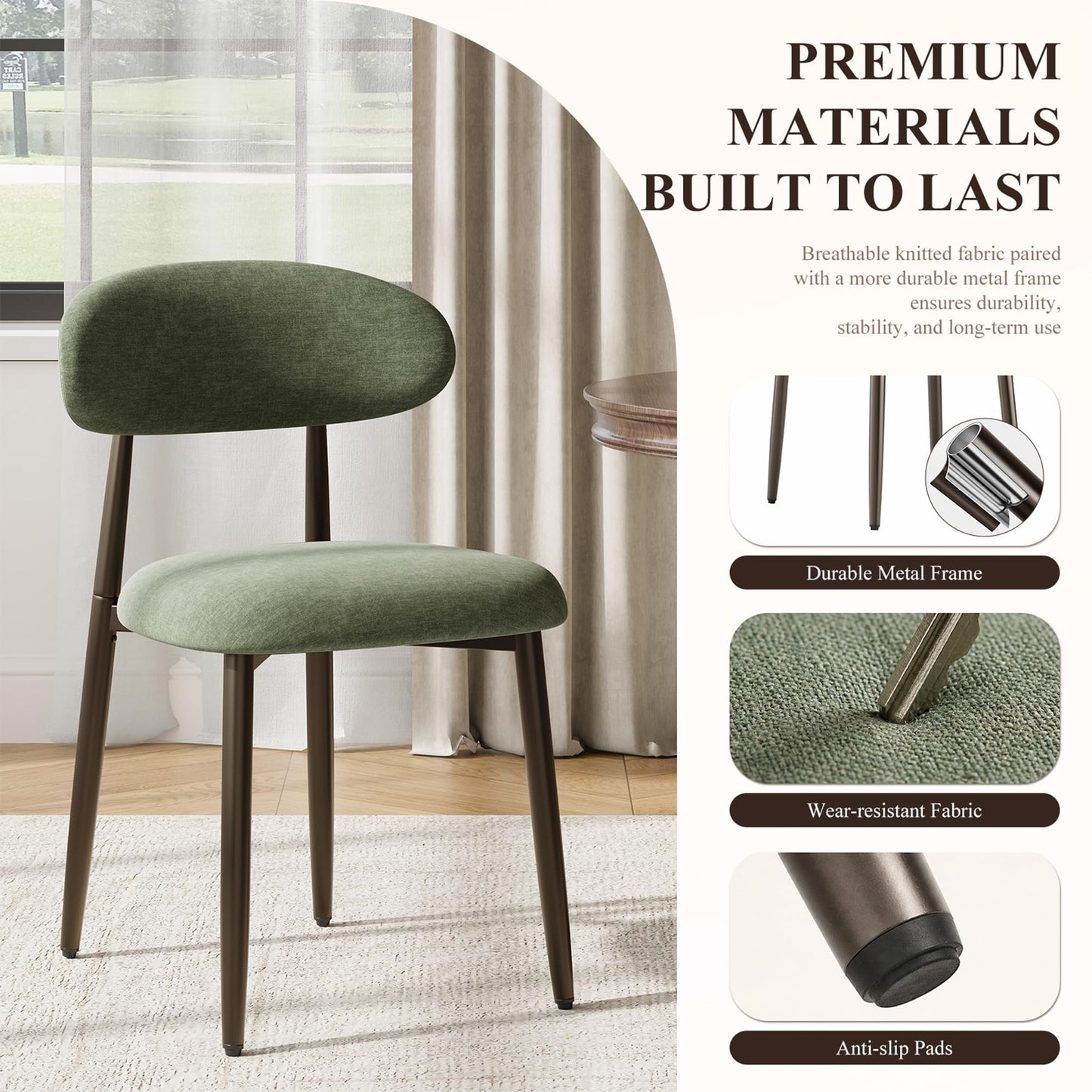 Dining Chairs Set of 2, Upholstered Dining Room Chairs with Ergonomic Curved Backrest, Metal Frame Kitchen Chairs