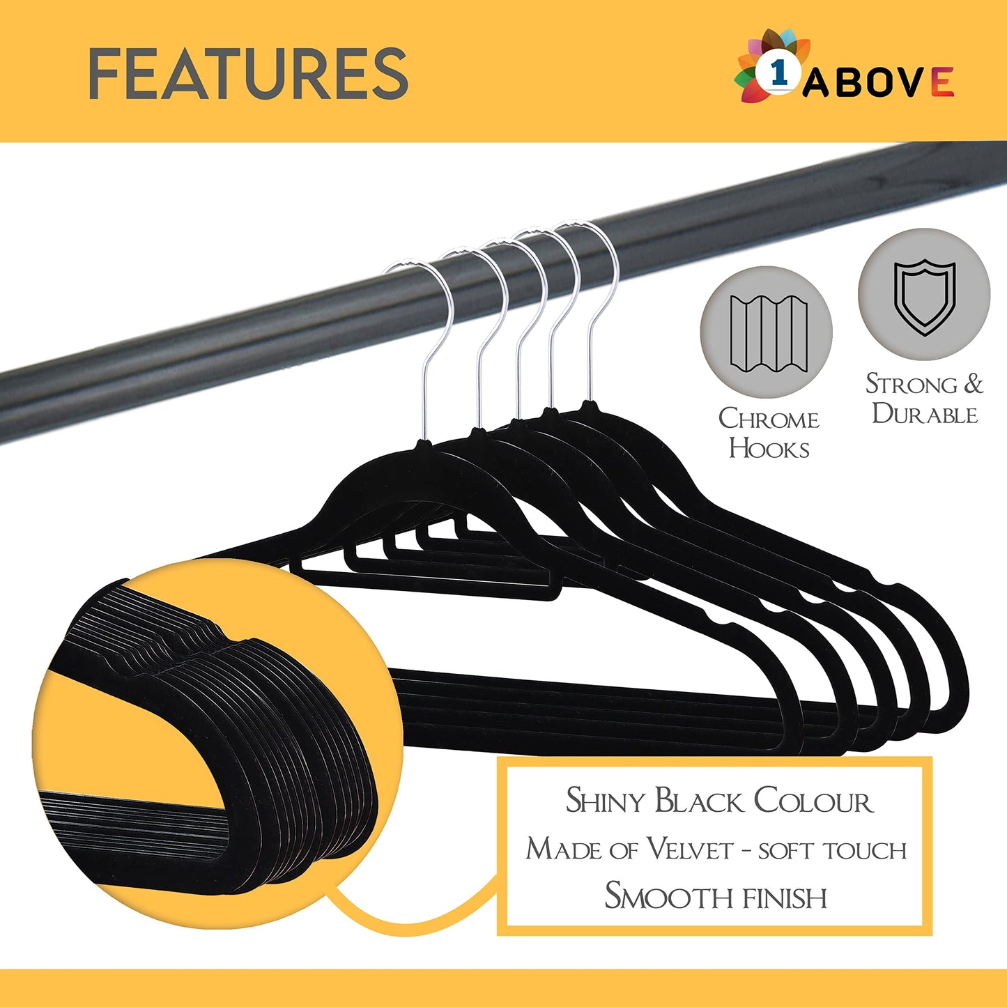 1ABOVE Premium Quality 20 pack Non-Slip Velvet Hangers (44cm) Heavy Duty Velvet Suit Hangers with Tie Bar, 360° Swivel Hooks – Space saving