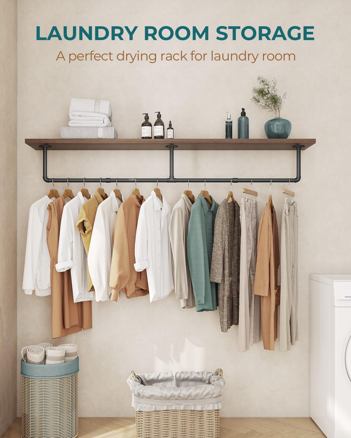 OROPY Industrial Pipe Clothes Rail, 167cm Wall Mounted Detachable Retro Metal Clothing Rail for Hanging Clothes, Heavy Duty Clothes Rail for Bedroom