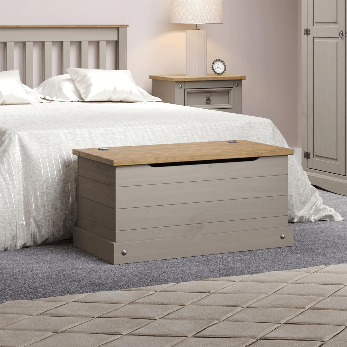 Home Source Corona Solid Pine Ottoman Single Bedding Box Toy Chest - Traditional Mexican Style Storage Trunk for Kids Bedroom - Space-Saving Wooden