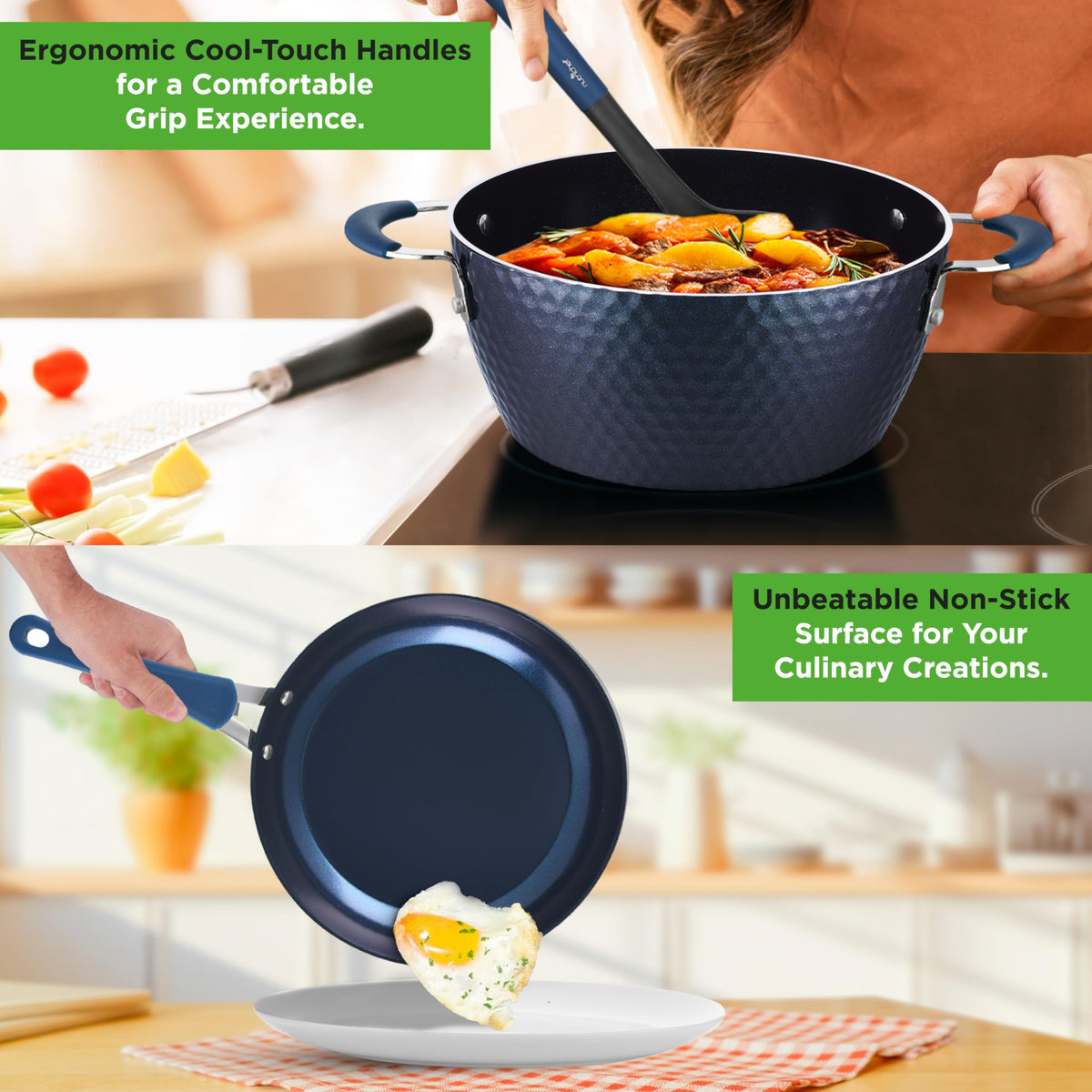Nutrichef NCCW11DS Pots and Pans Set Cookware, Reinforced Forged Aluminum Metal, Engineered Nylon Silicone, Tempered Glass, Blue Diamond