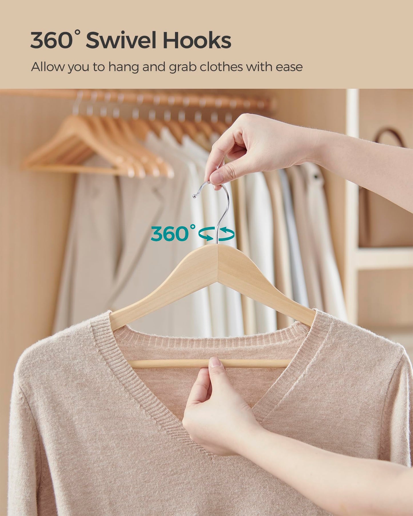 SONGMICS Wooden Hangers, Pack of 48, Coat Hangers, Non-Slip, Pants Bar, 360? Swivel Hooks, for Jackets, Shirts, Coats, Natural Beige CRW010N48