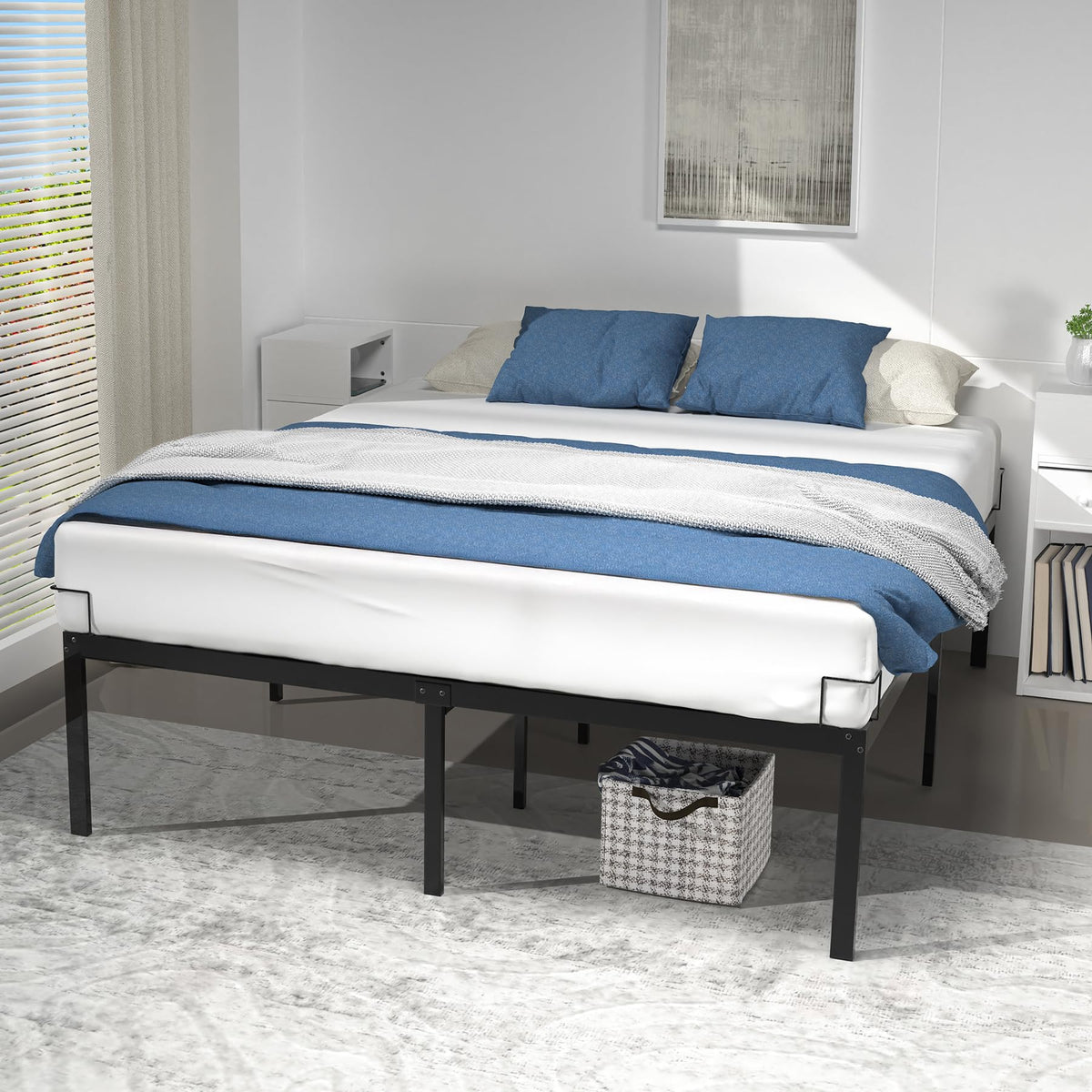 VOUNOT LargeDouble Bed Frame 150 x 200 cm - Sturdy Metal Bed Frame with Steel Slat Support - 36cm Height Storage Space Under the Bed - Black