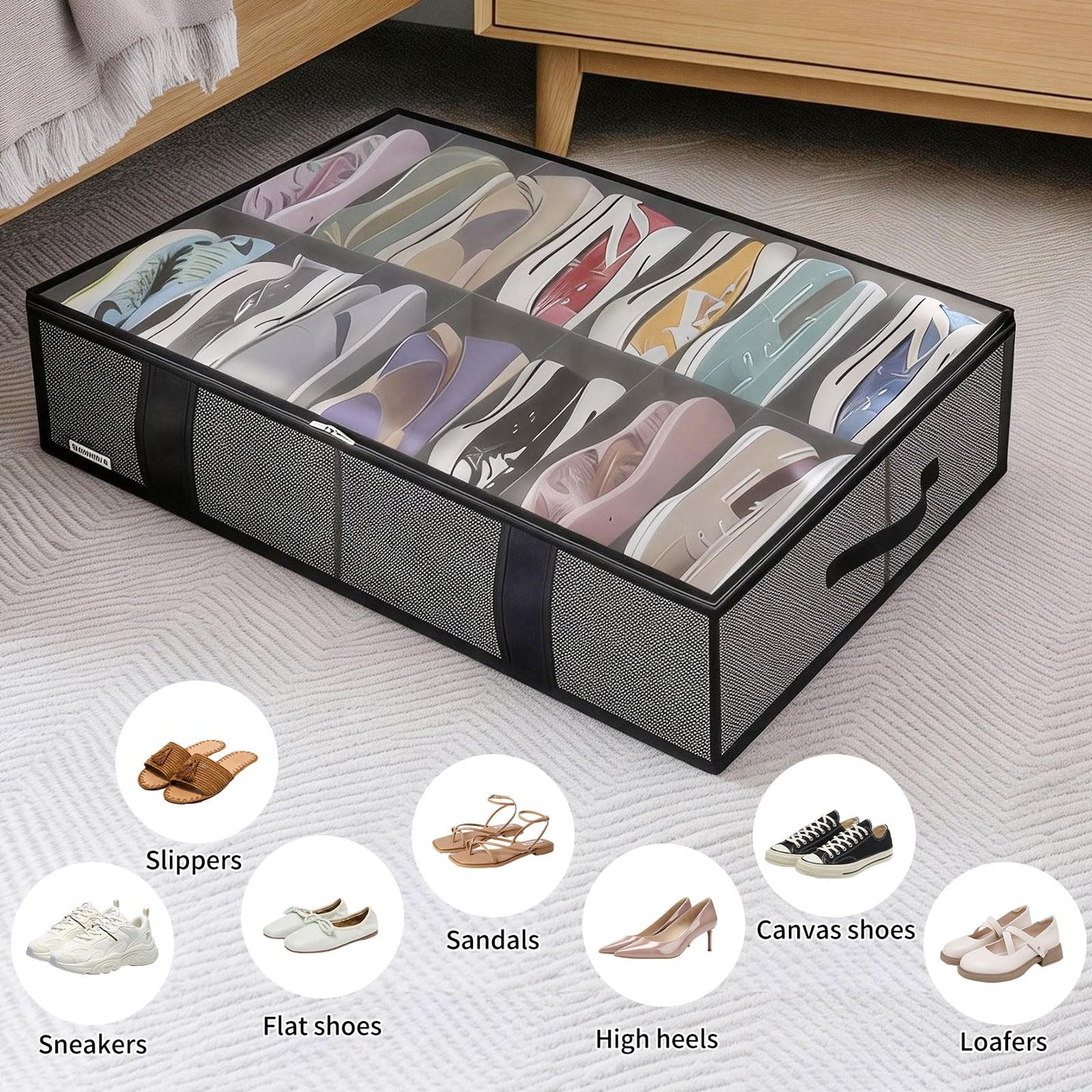 Yeqqzq Under Bed Shoe Storage Organizer with Dividers, Fits 28 Pairs Total, Shoe Holder with Leather Handles, Clear Cover, Foldable Storage Bag