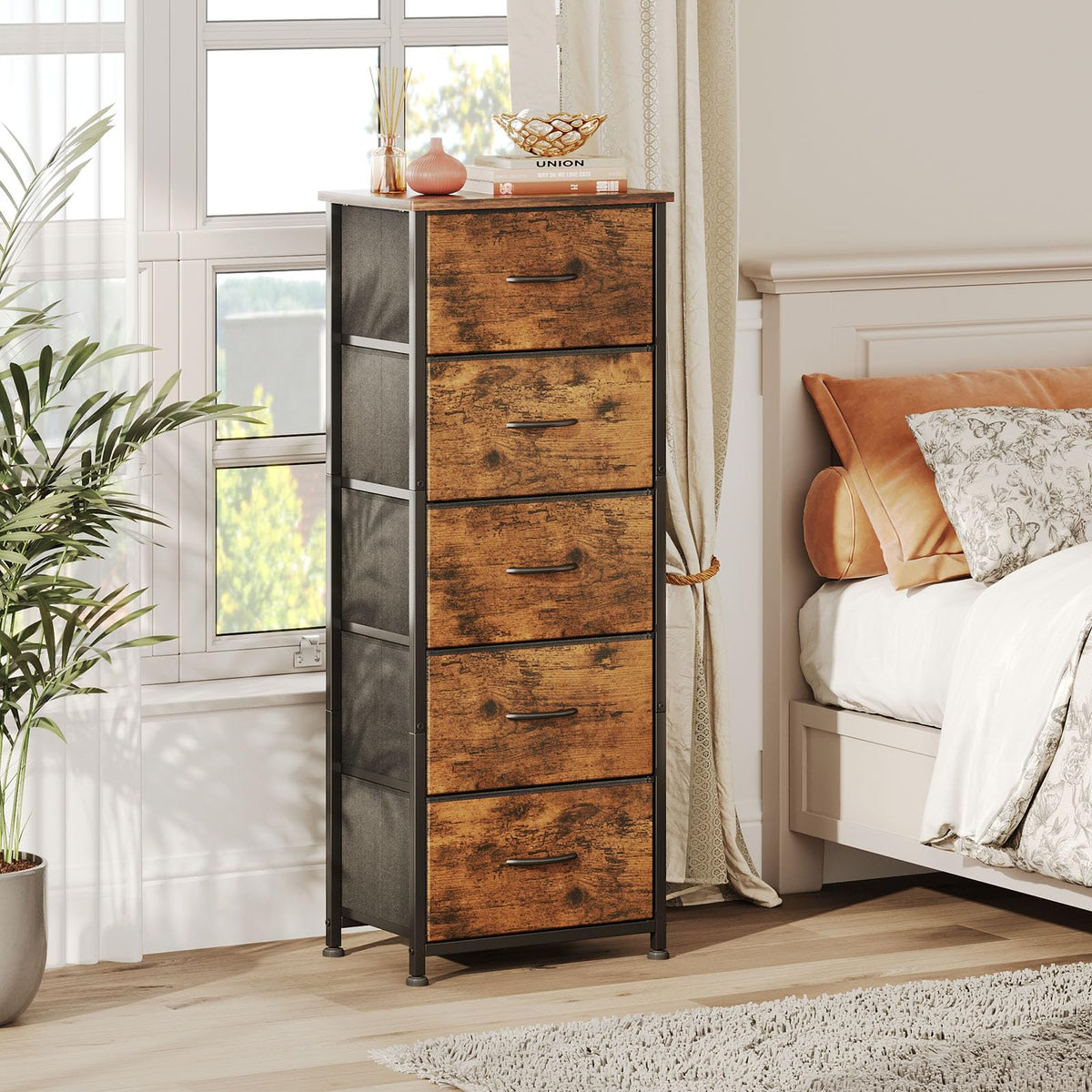 CAIYUN Chest of Drawers for Bedroom with 5 Drawers, Fabric Storage Drawer, Tall Brown Hallway Storage Unit