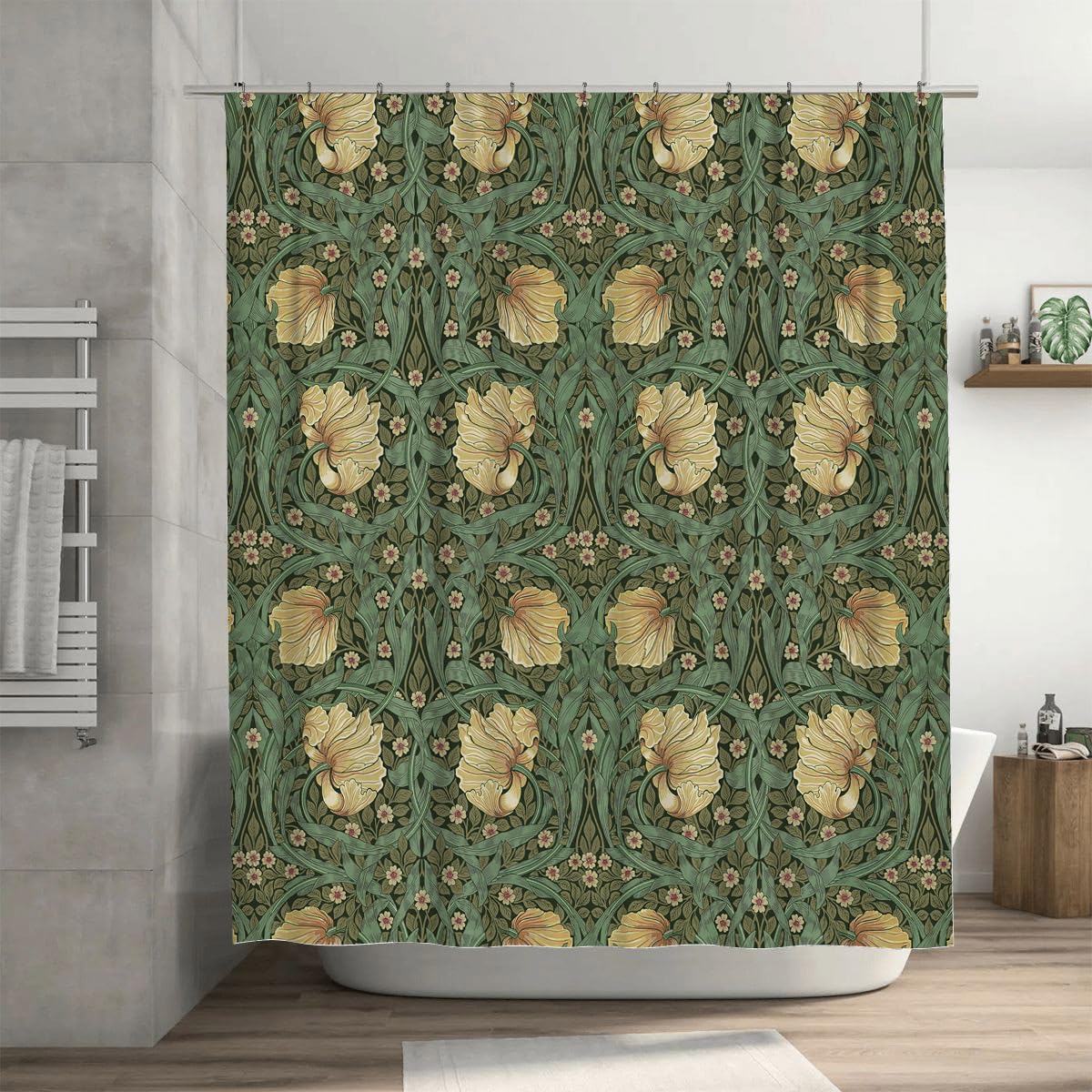 Ansouyi William Morris Shower Curtain Set with 12 Hooks, Bath Curtains Waterproof Polyester Fabric, Green Art Nouveau Floral Home Bathroom Bathtubs