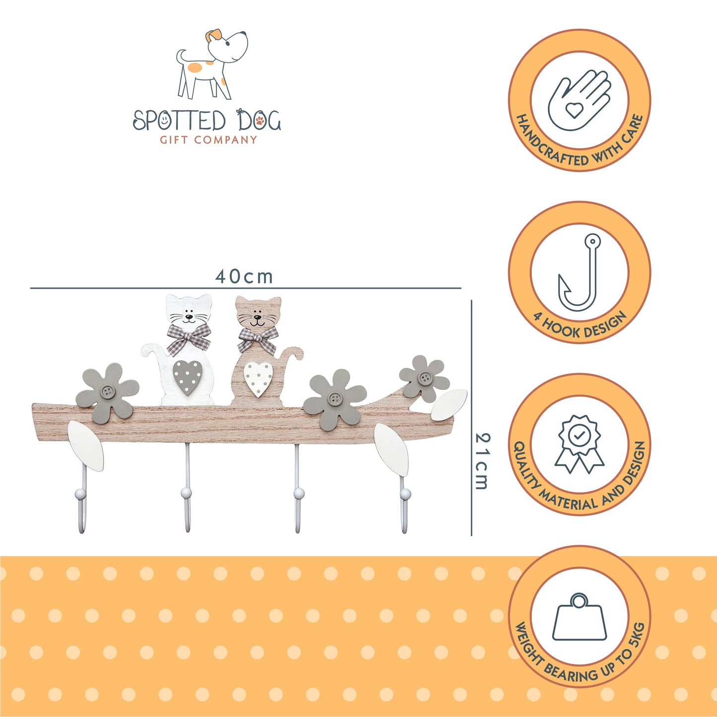 SPOTTED DOG GIFT COMPANY Coat Hooks Wall Mounted Coat Rack, Decorative Wooden 4 Hook Wall Hanger for Clothes Keys