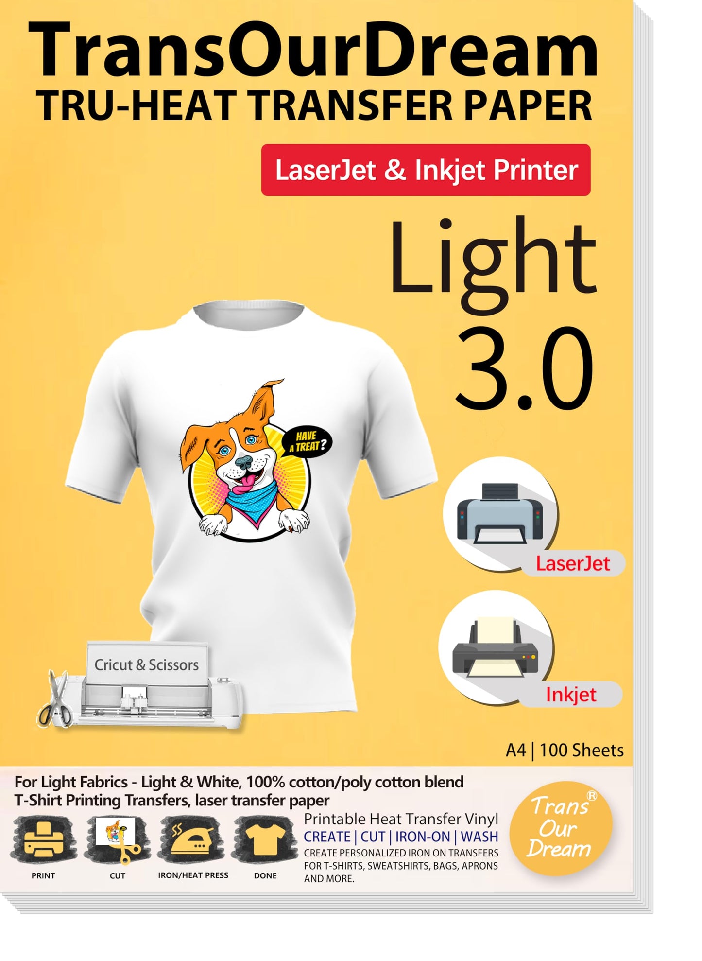 TransOurDream Tru-T Shirt Transfer Paper 100 Sheets A4 Iron On Transfers for Inkjet & Laser Printer Printable HTV Heat Transfer Vinyl for White and