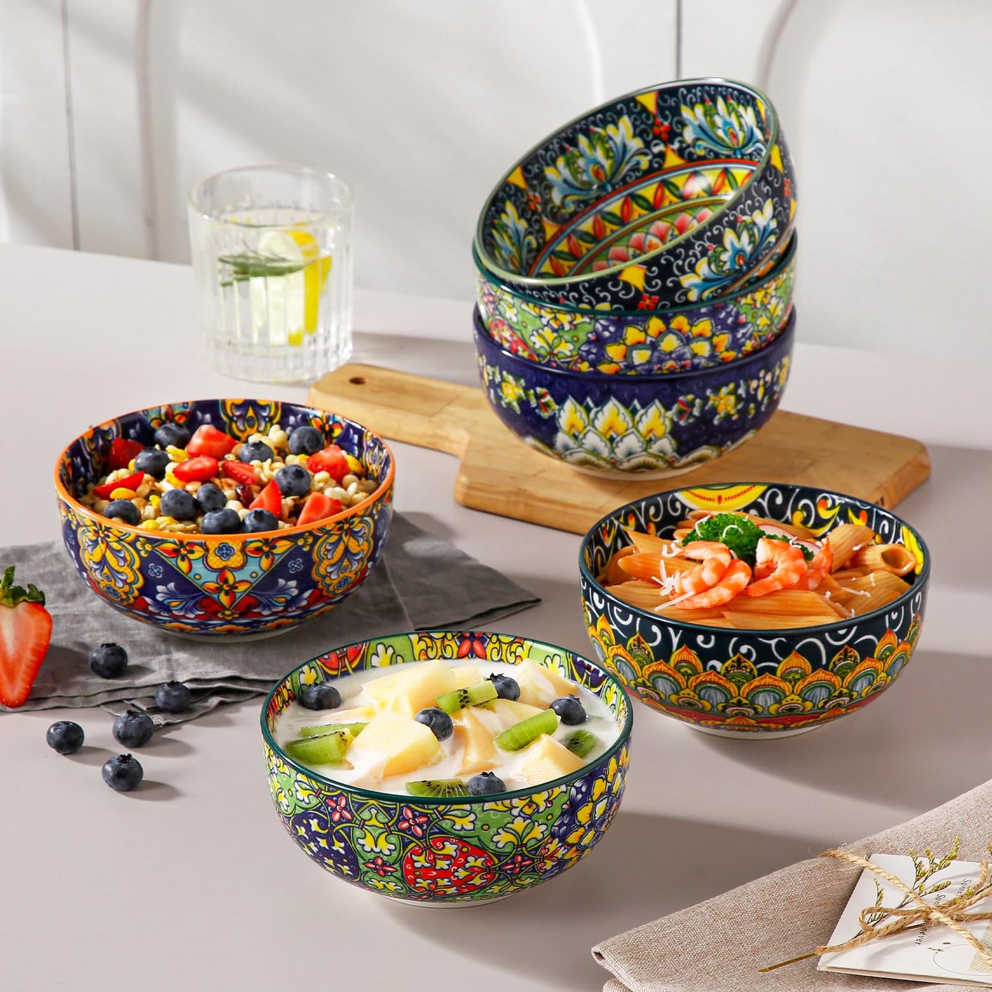 vancasso SIMI 28 oz Cereal Bowls Set of 6, Ceramic Soup Bowls, Dishwasher & Microwave Safe, Serving Bowls with Double-Sided Pattern for Cereal, Soup,