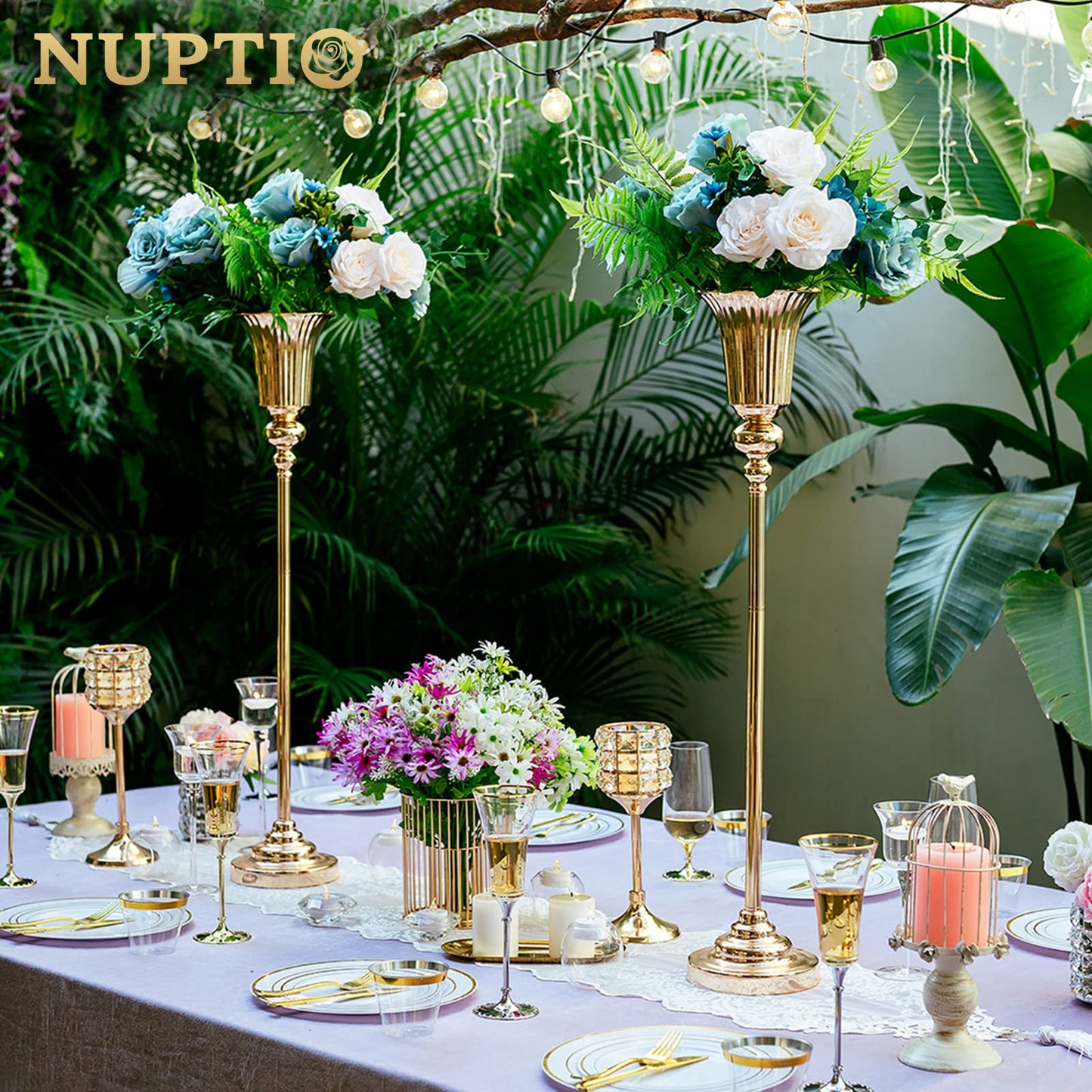 NUPTIO Gold Vase Centrepieces Tall: 2 Pcs 77.5cm Wedding Table Centerpieces Trumpet Vases Metal Flower Stand for Party Anniversary Ceremony Birthday