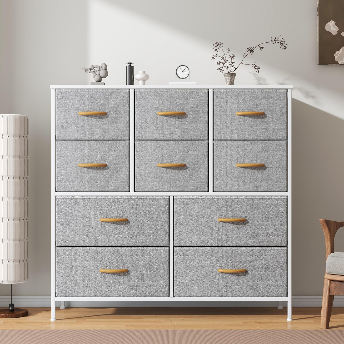 Feonase Chest of Drawers,Bedroom Tall Dresser with 10 Fabric Drawers, Metal Frame & MDF Wood Top, Adjustable Feet, Storage Organizer Unit for Bedroom,