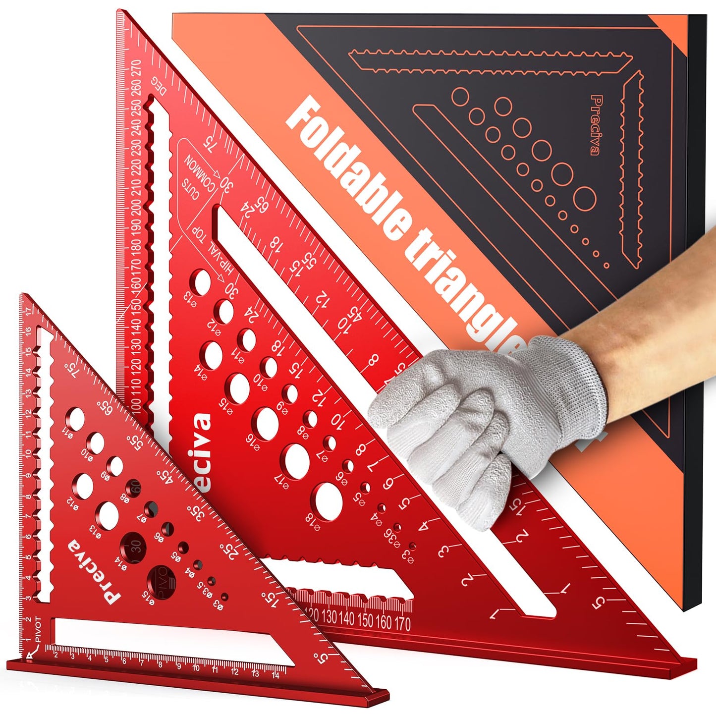 Speed Square Metric, Preciva 7inch+12inch Carpenters Tools with 14 Types of Drill Holes, Multifunctional Aluminum Alloy Triangle Ruler for Builders