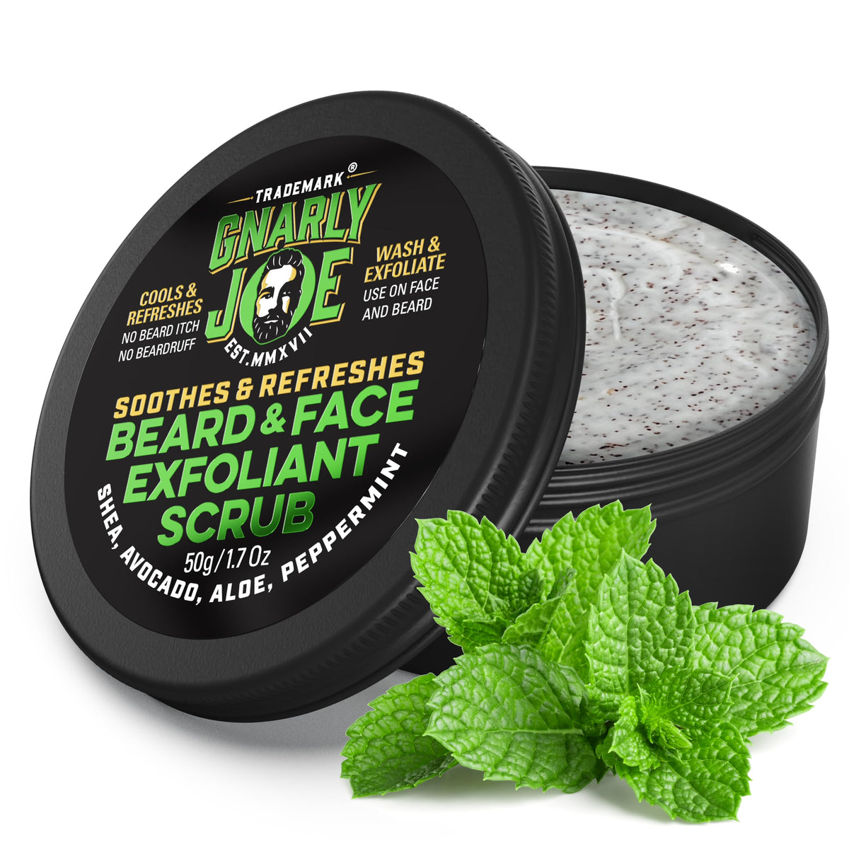 Gnarly Joe Face & Beard Exfoliator Scrub for Men - 50g Natural Peppermint Face Wash - Dual Action Beard Exfoliator & Mens Facial Scrub for Dry, Itchy