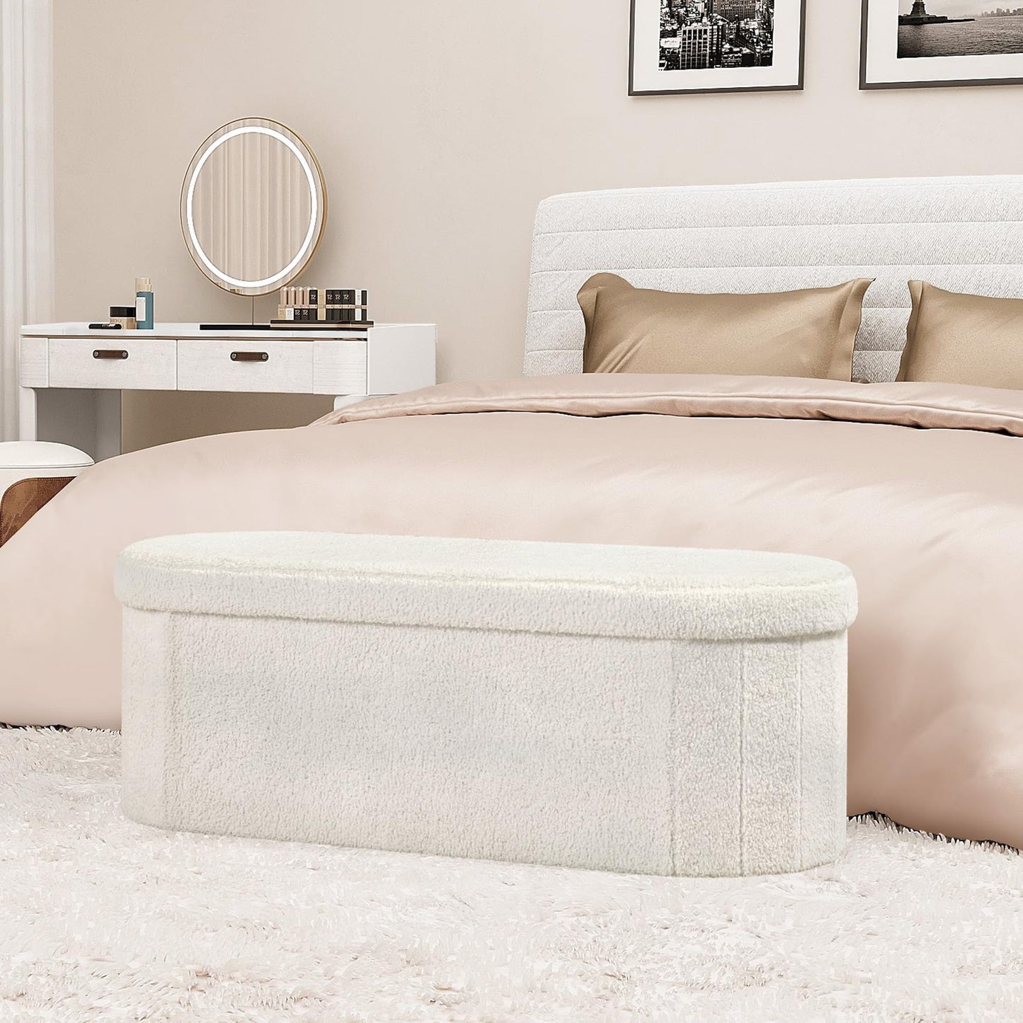 Bonlife Folding Ottoman Storage Bench,Boucle Footstool Oval, End of Bed Stool, Ideal for Living Room, Bedroom, 100L Storage Space,White