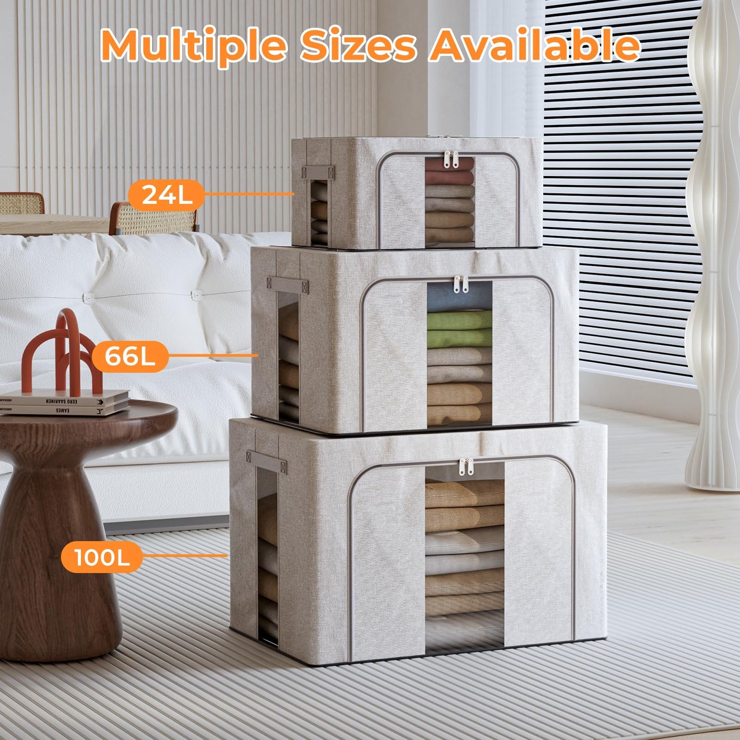 Boic 66L Clothes Storage Boxes With Metal Frame, 3 Pack Foldable Clothes Storage Organiser Storage Boxes With Lids Foldable Storage Box For Clothes