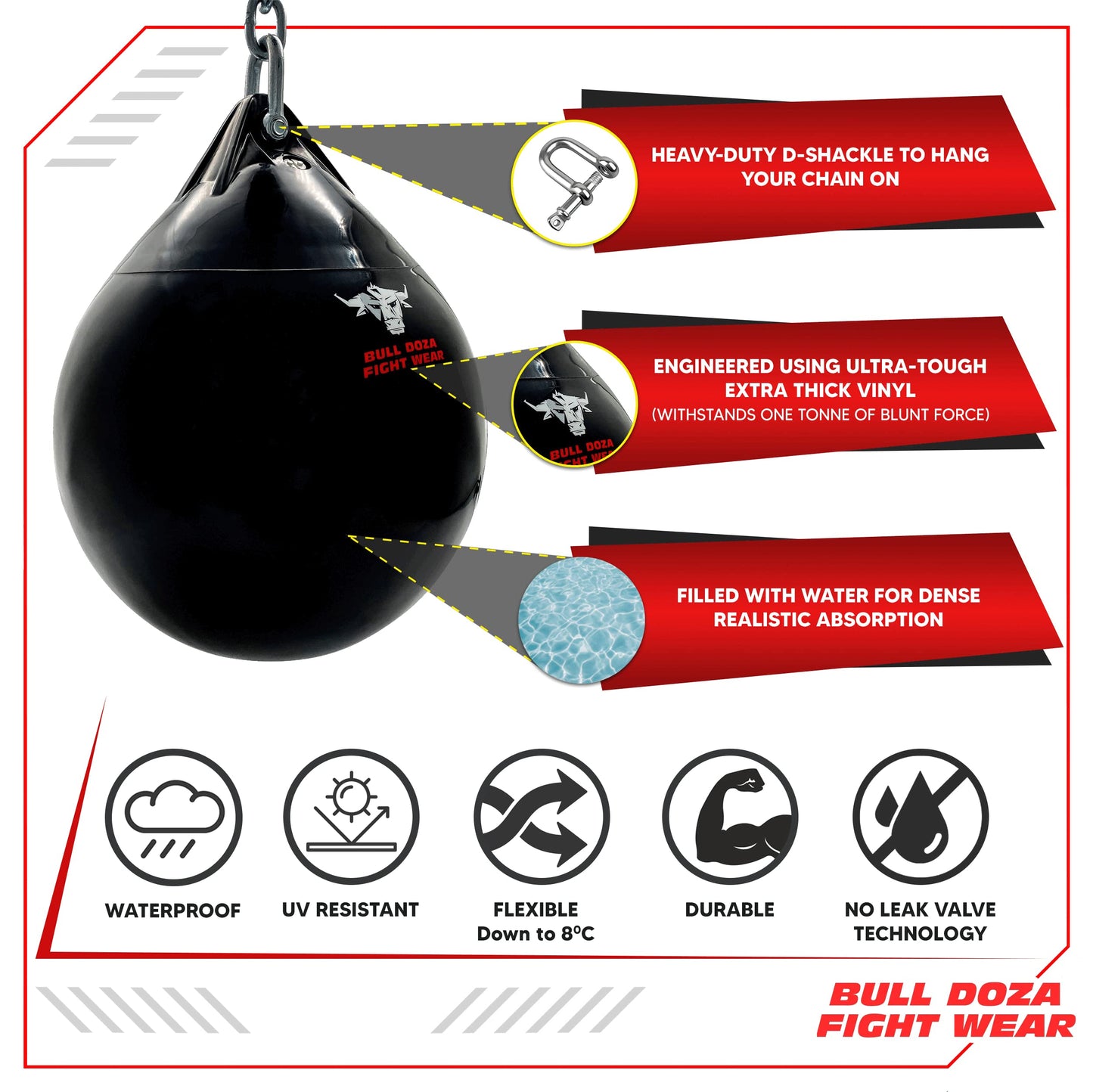 Bull Doza Fight Wear Pro Water Punch Bag - Heavy Durable Waterproof - Three Sizes (S (12?) 14kg)