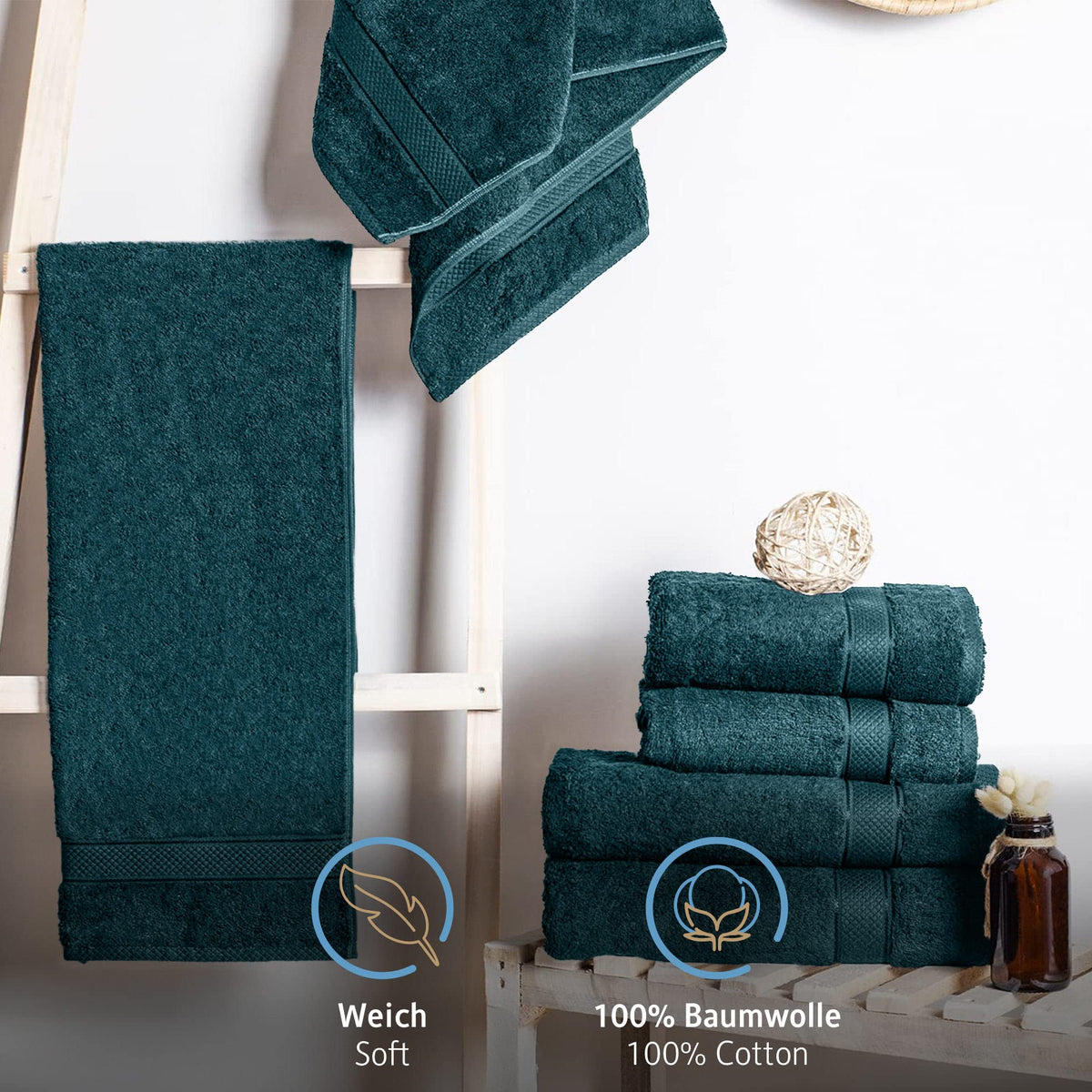 Komfortec Set of 8 Hand Towels 50 x 100 cm 100% Cotton Terry Towelling Soft Petrol