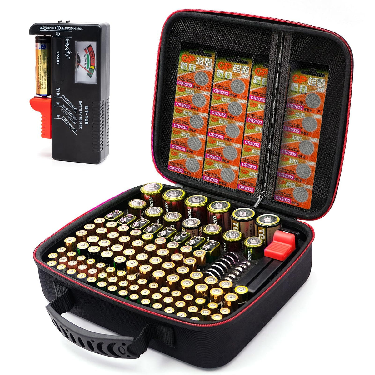 BT168 Battery Storage Case with Tester - Organizer Holds 126 Batteries Various Sizes AAA AA C D 9V Lithium 3V, Hard Case