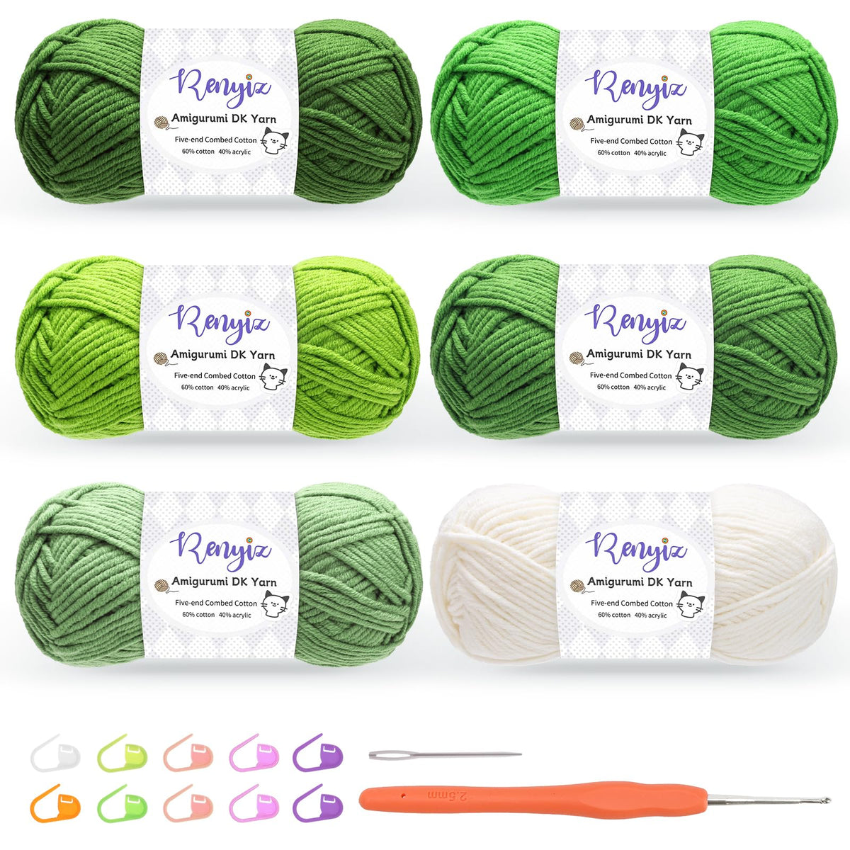 Renyiz Crochet Yarn, 6 x 50g Cotton Yarn (60% Cotton & 50% Acrylic) DK Wool for Crochet with 2.5mm Hook & Accessories, Suitable for Baby Wool Crafts &