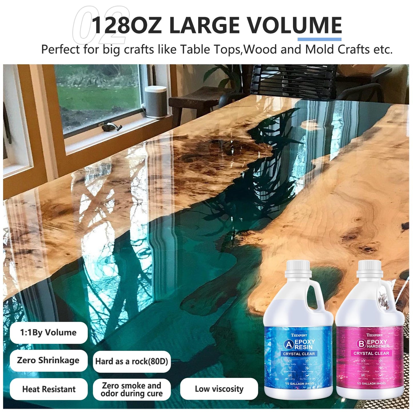 Teexpert Epoxy Resin Crystal Clear Kit 1 Gallon High-Gloss Coating and Casting Resin, Self-Leveling Bubbles Free Resin and Hardener Kit for DIY Art,
