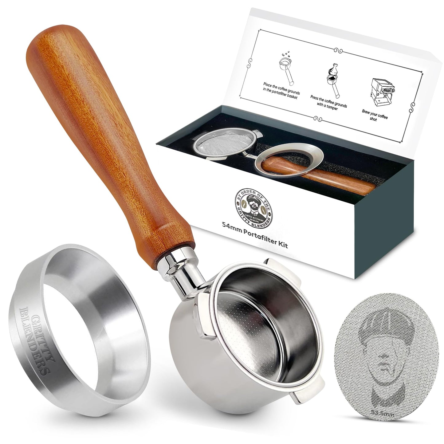 Gritty Blenders - Bottomless Coffee Portafilter 54mm with Compatible Puck Screen, Basket and Dosing Funnel | Compatible with Sage Breville Barista