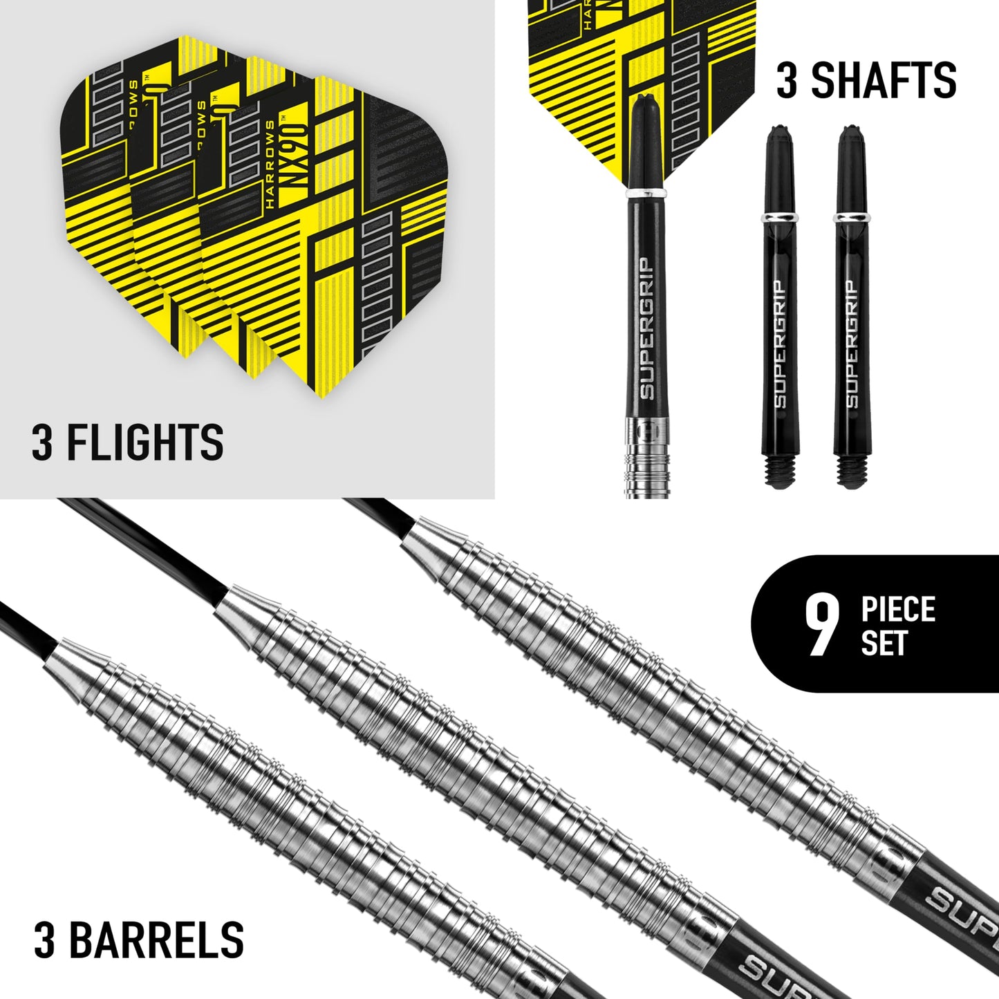 Harrows NX90 90% Tungsten Steel Tip Darts Set 21g, 22g, 23g, 24g, 25g & 26g - Includes Black Supergrip Midi Shafts & Micron NX90 Flights (21g)