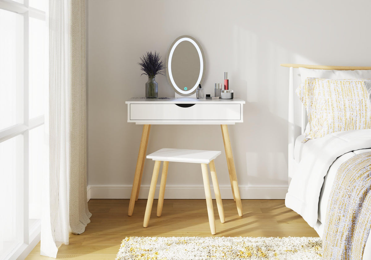 GFW Signy Dressing Table Set White. Make Up & Hair Vanity Table With Drawer, Large Round Mirror with LED Lighting. Stool included Modern Makeup Desk